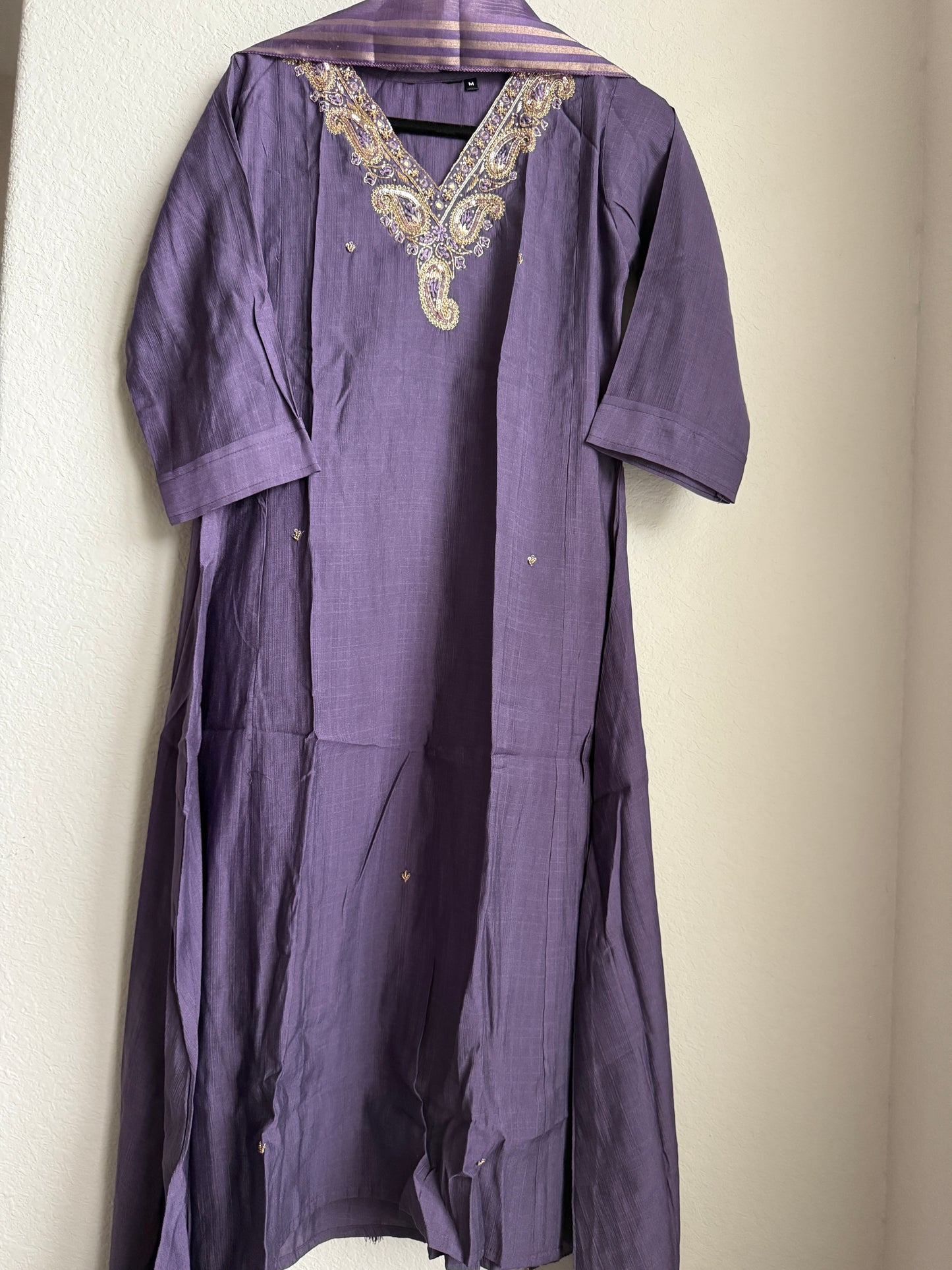 Purple shade vatican silk handwork anarkali kurti set with floral dupatta
