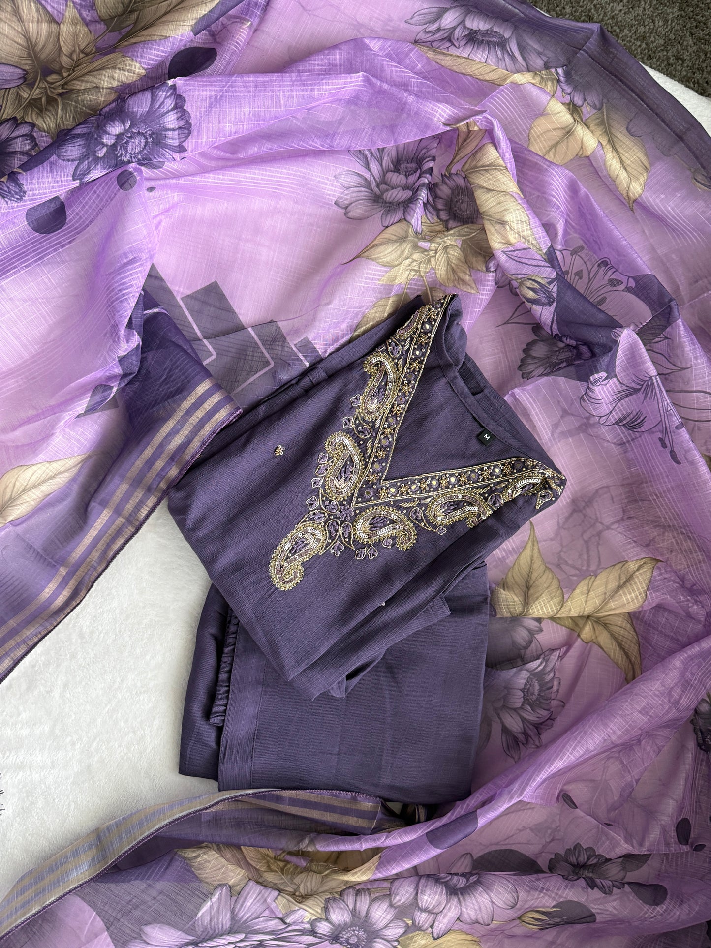 Purple shade vatican silk handwork anarkali kurti set with floral dupatta