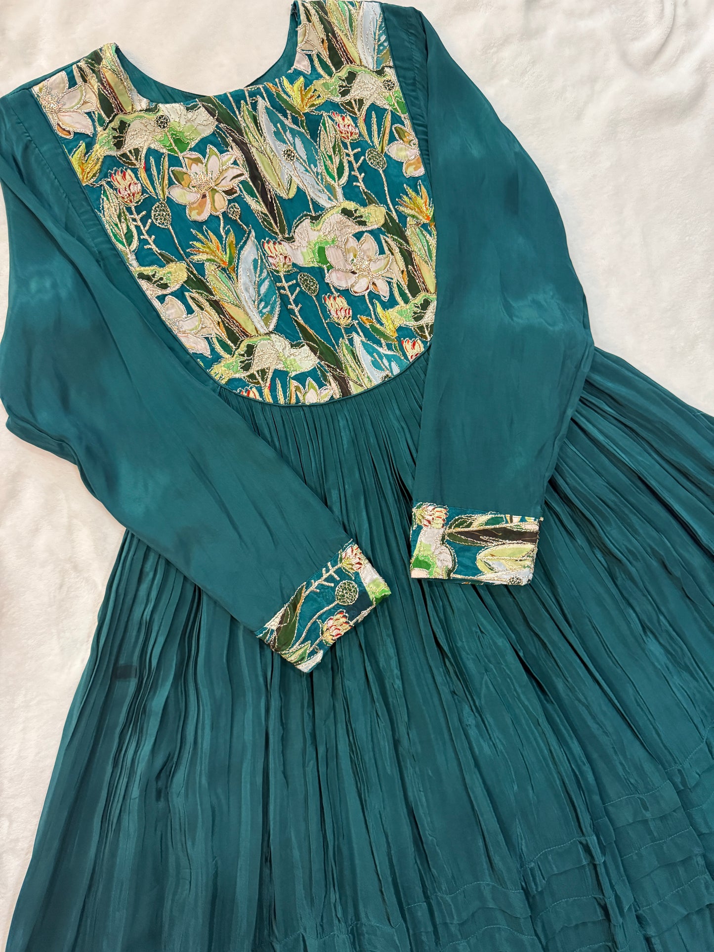 Bottle green crape silk anarkali tunic with yolk detailing