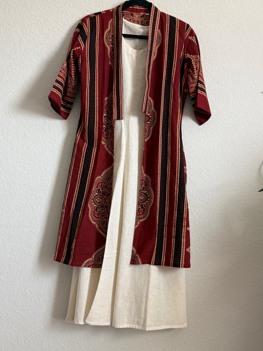 Maroon Ajrakh Coat Model Dress with Half White Cotton Sleeveless Inner
