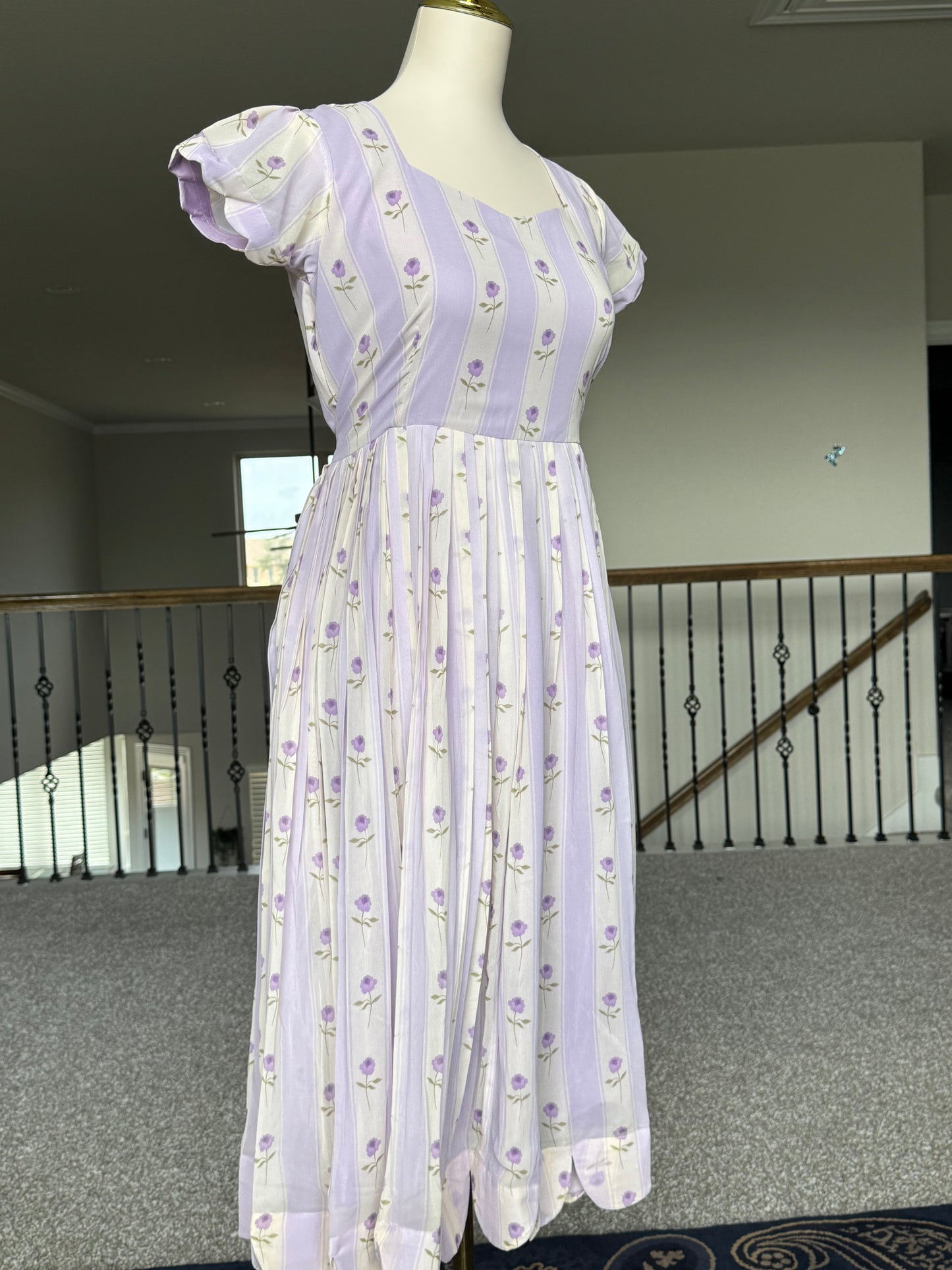 Lavendar Floral Georgette scallop style frock with short scallop sleeve