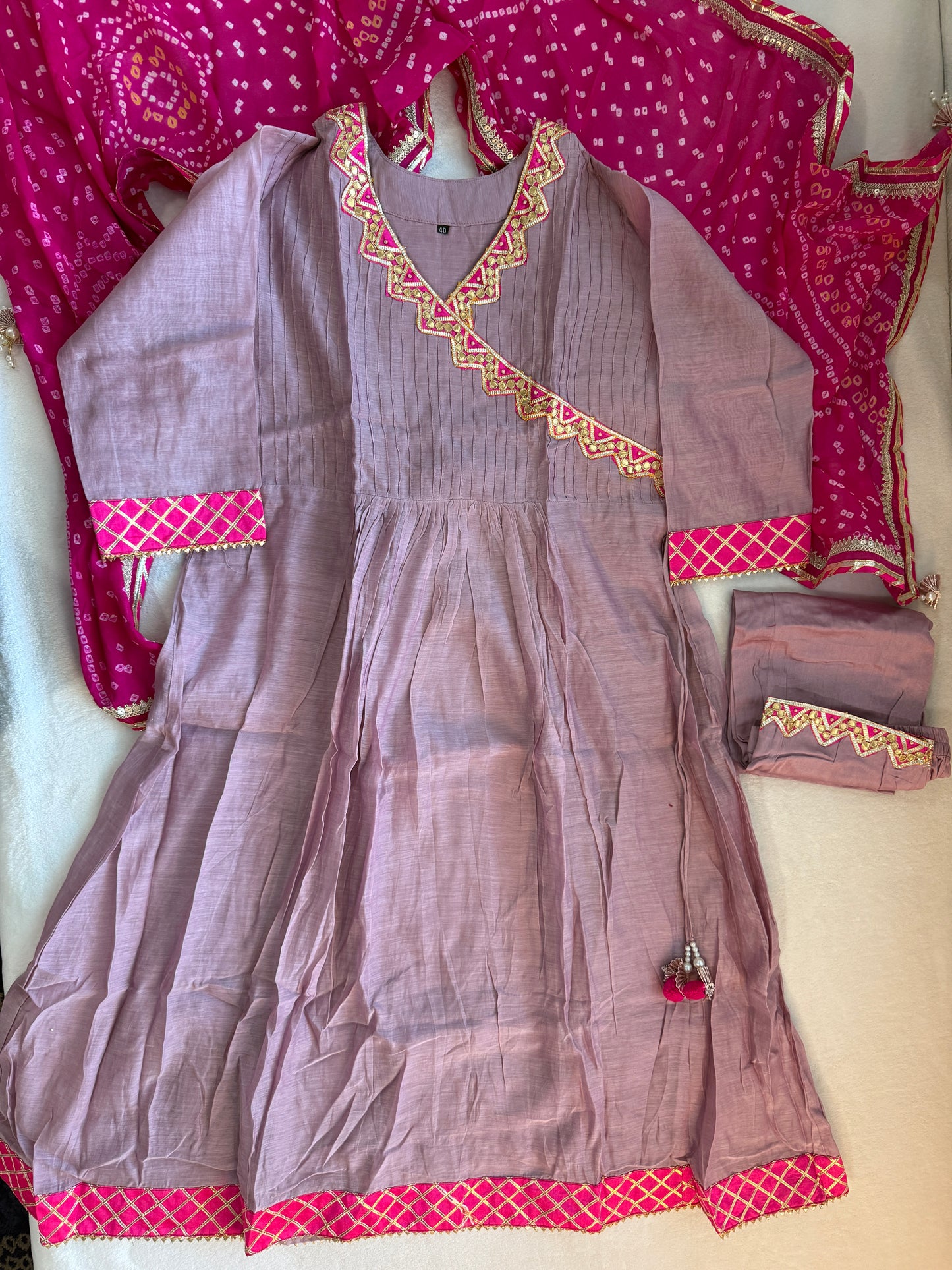 Lilac shade mul chanderi angrakha pattern kurti set with beautiful bandhini dupatta