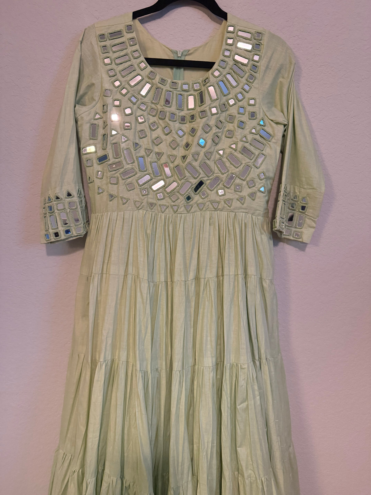 Pista Green Mirror Work Heavy Flared Anarkali Long Dress