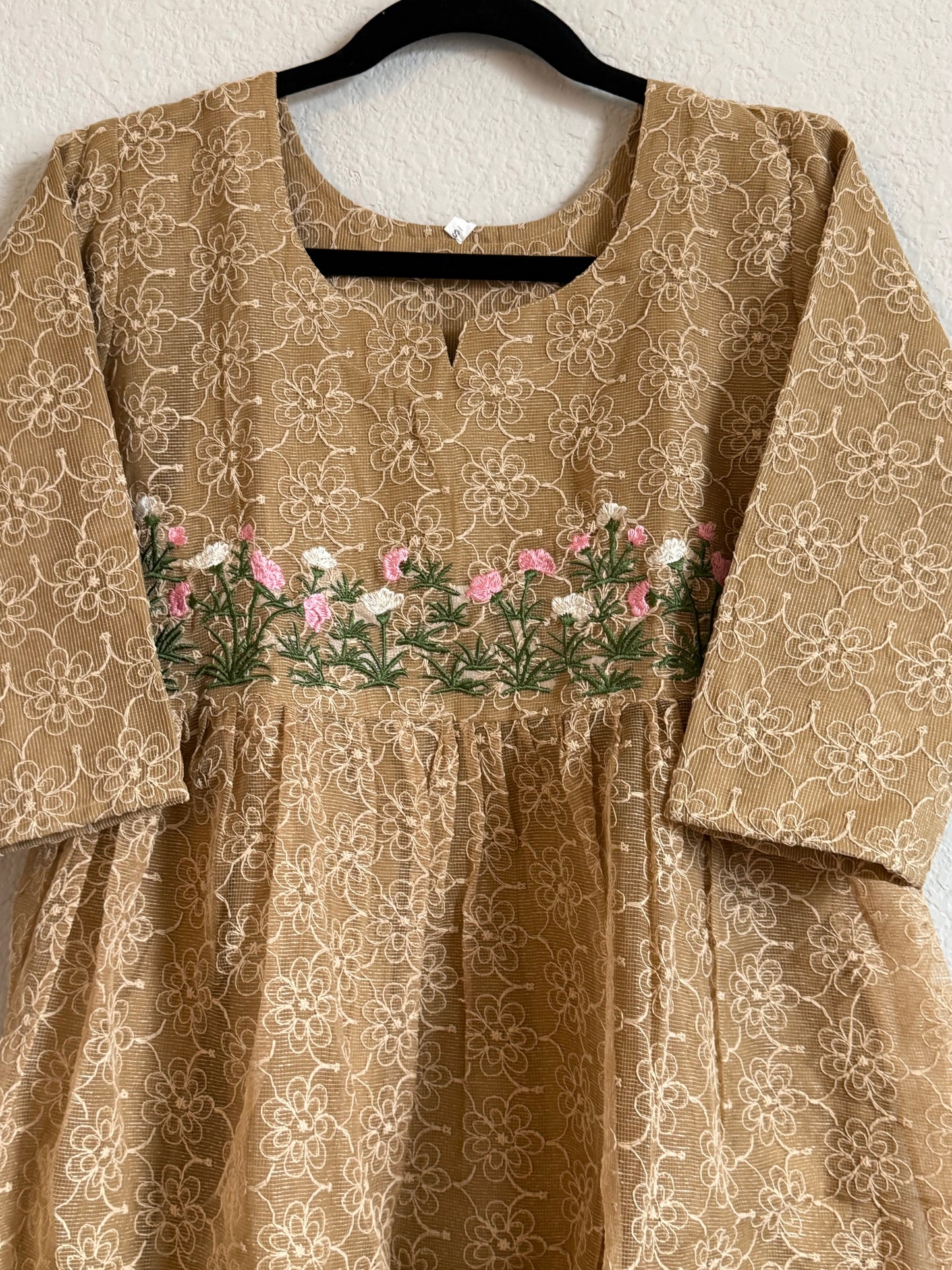 Biege Net Kota Embroidered Frock