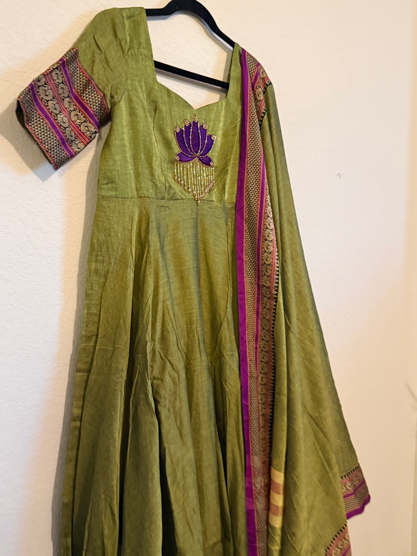 Green Narayanpet Maggam Work Anarkali with Dupatta