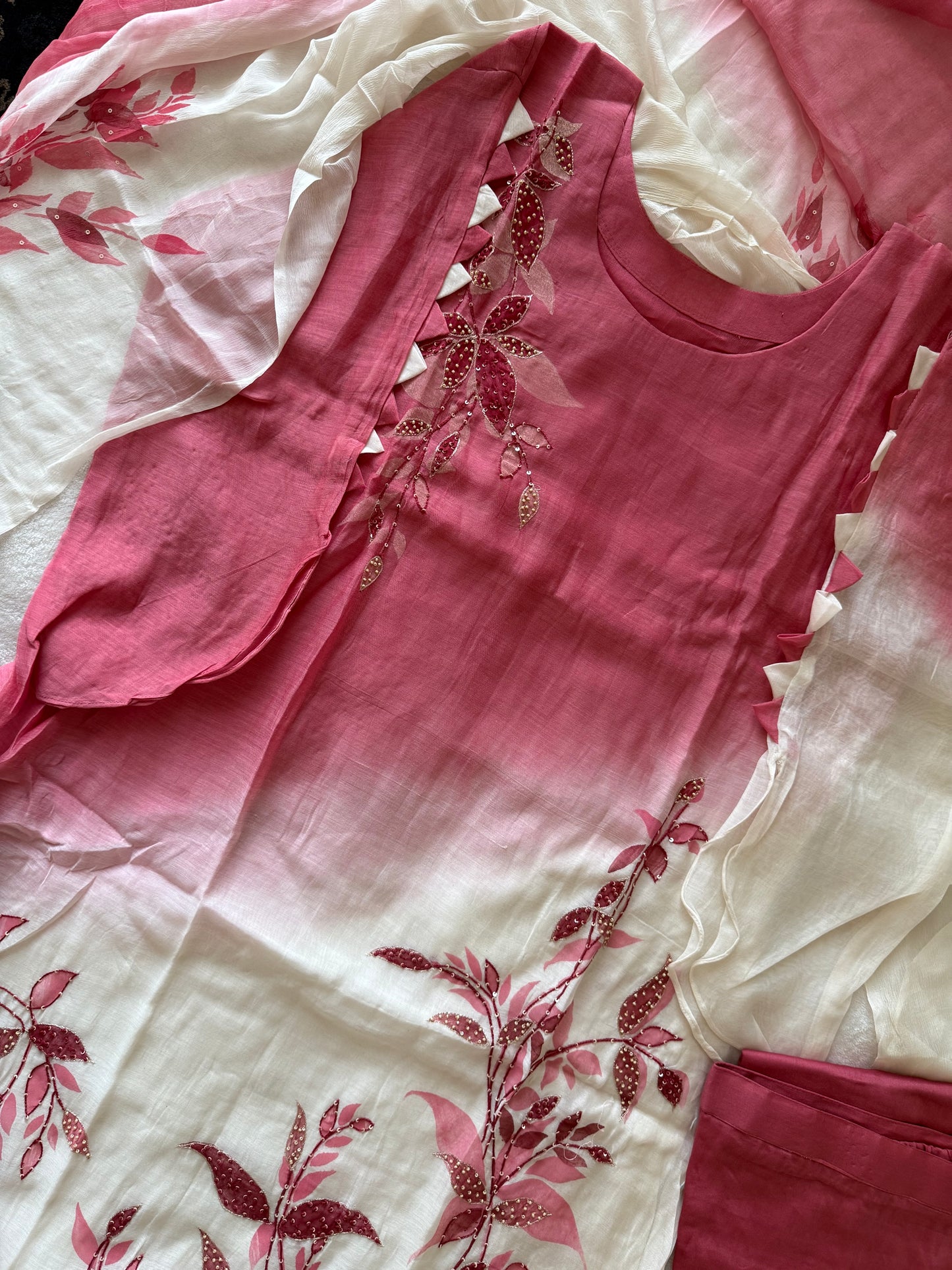 Pure mul chanderi handwork aline suit