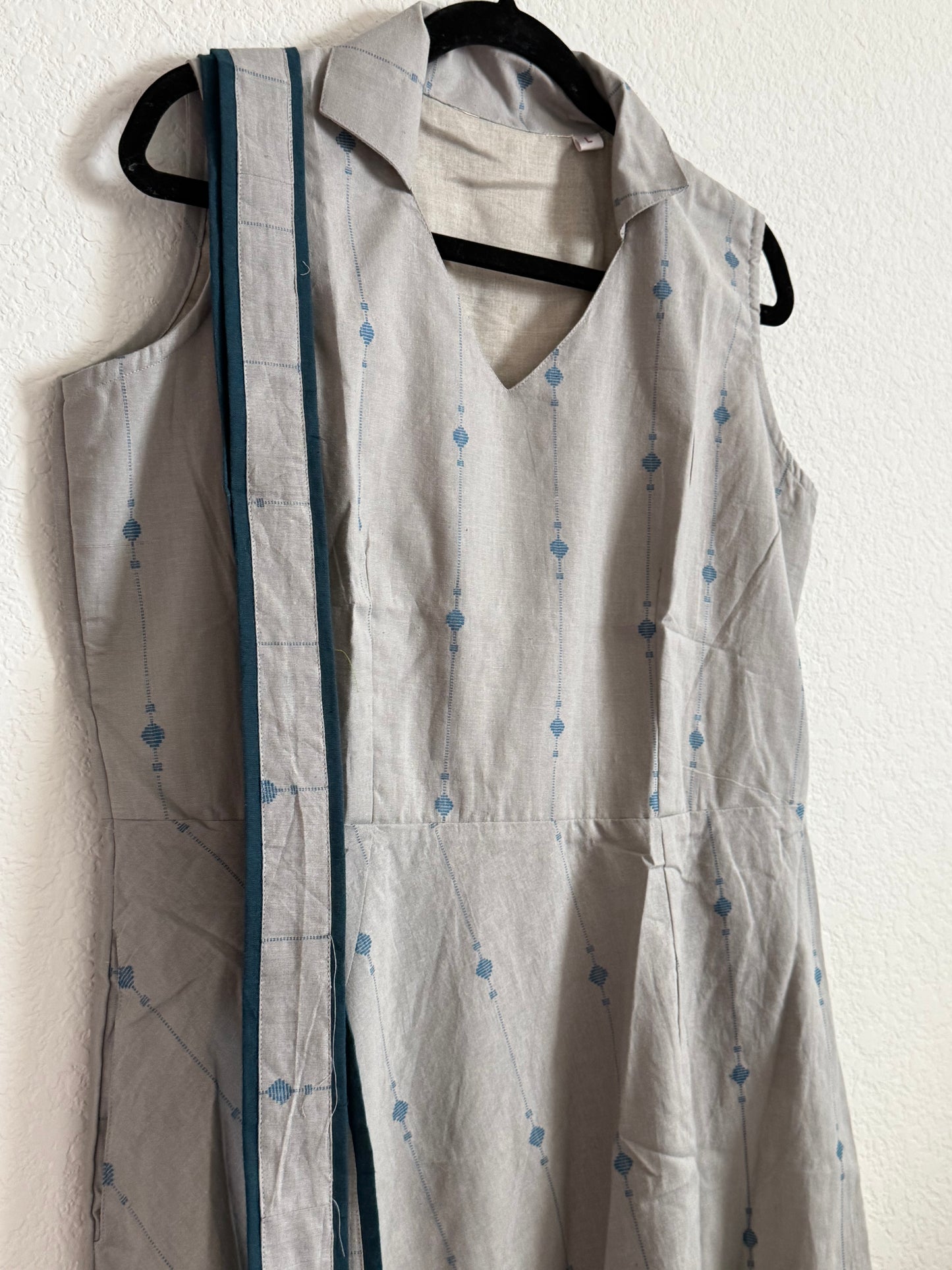 Gray with Blue Sleeveless Cotton Dress with Belt - Sleeves available