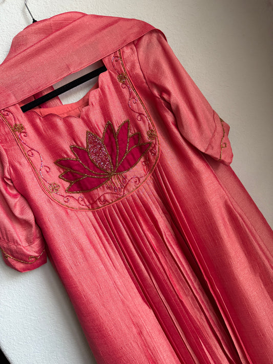 Peach shade lotus handwork customized anarkali set