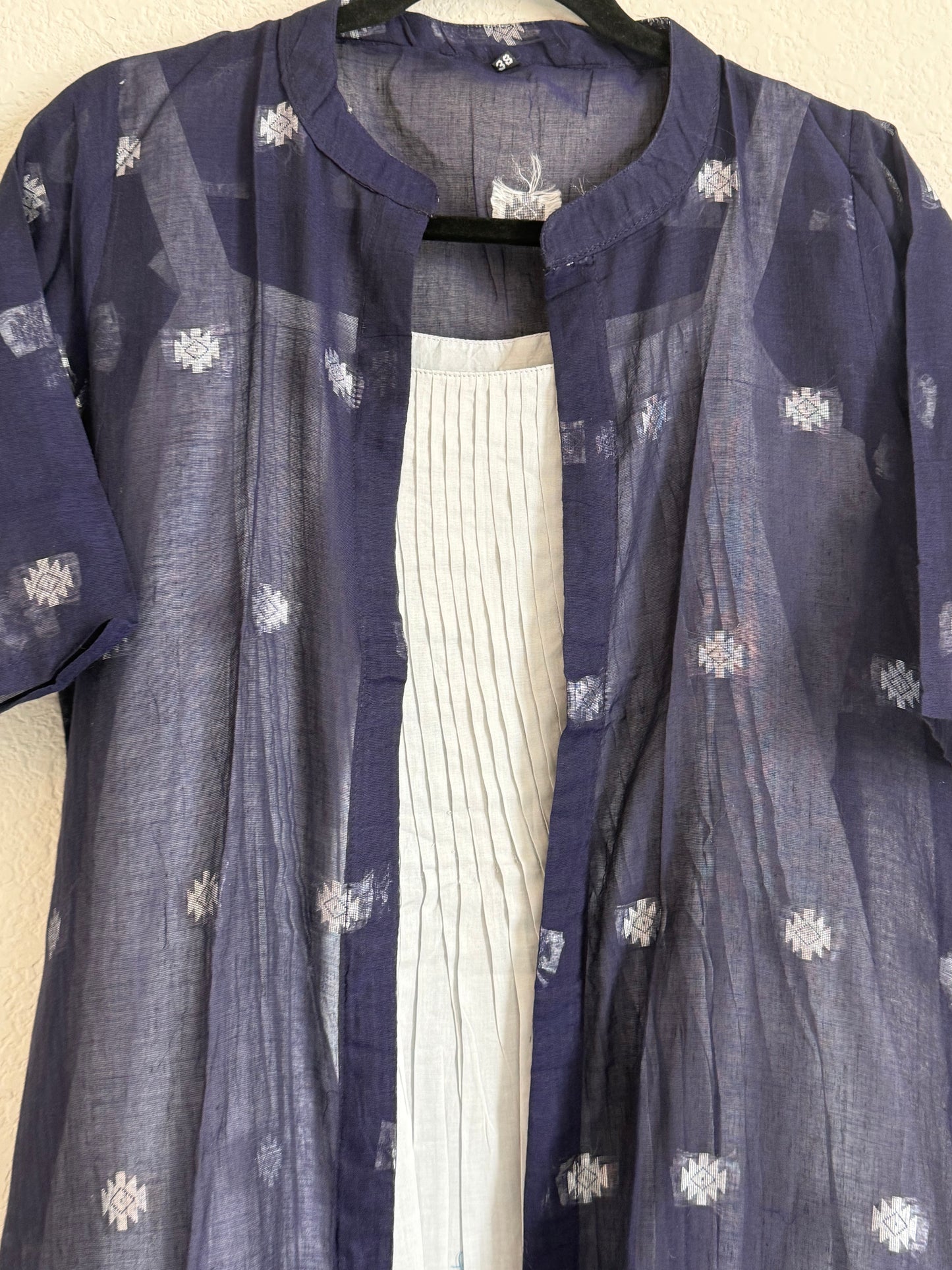 Navy Blue Jamdani Overcoat Dress with Gray Sleeveless Tunic