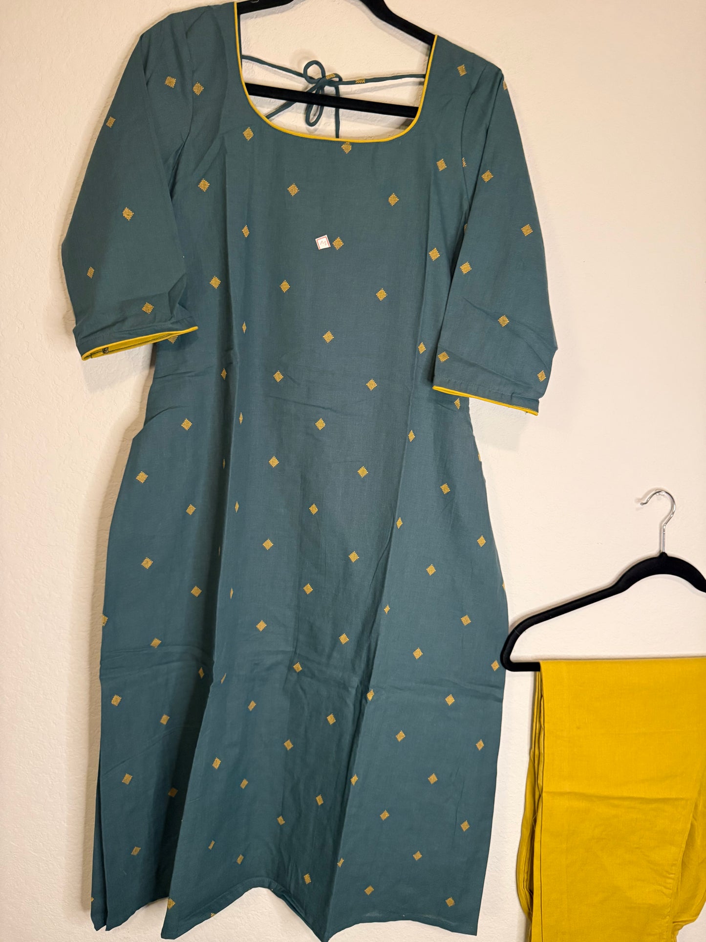 Green and Yellow Cotton A-line Customized Coord Set