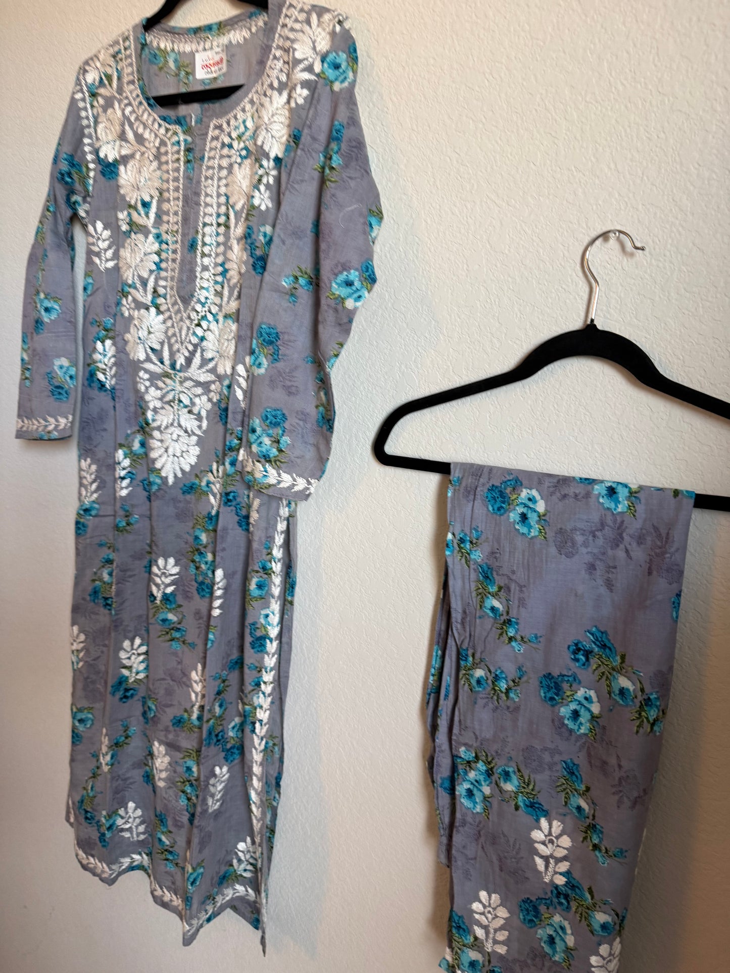Gray Floral Printed Cotton Chikankari Coord Set - Top with Palazzo