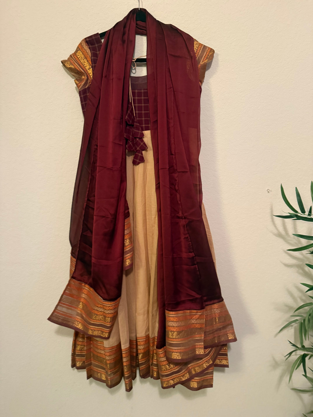 Premium Cream and Maroon Cotton Traditional Anarkali Set - Top and Dupatta