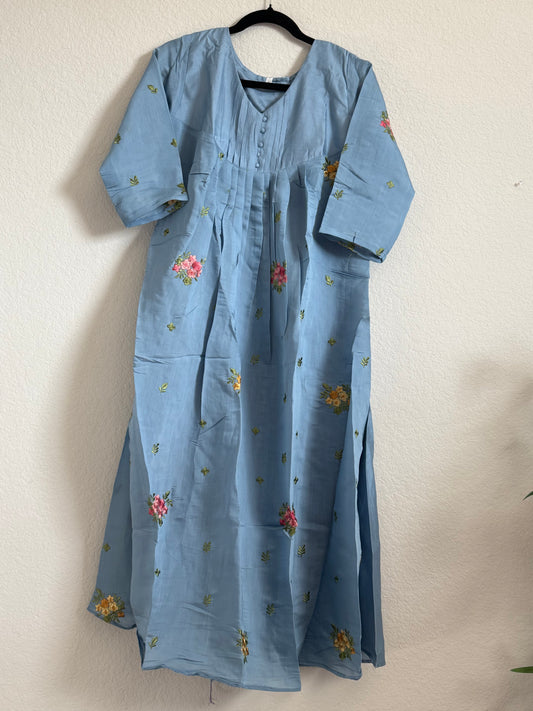 Powder Blue Mul Chanderi A-line Kurti