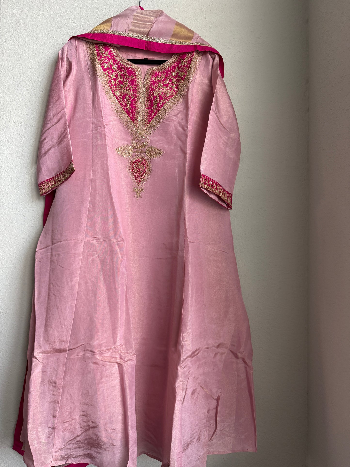 Baby pink tissue A-line kurti set with gorgeous tissue dupatta