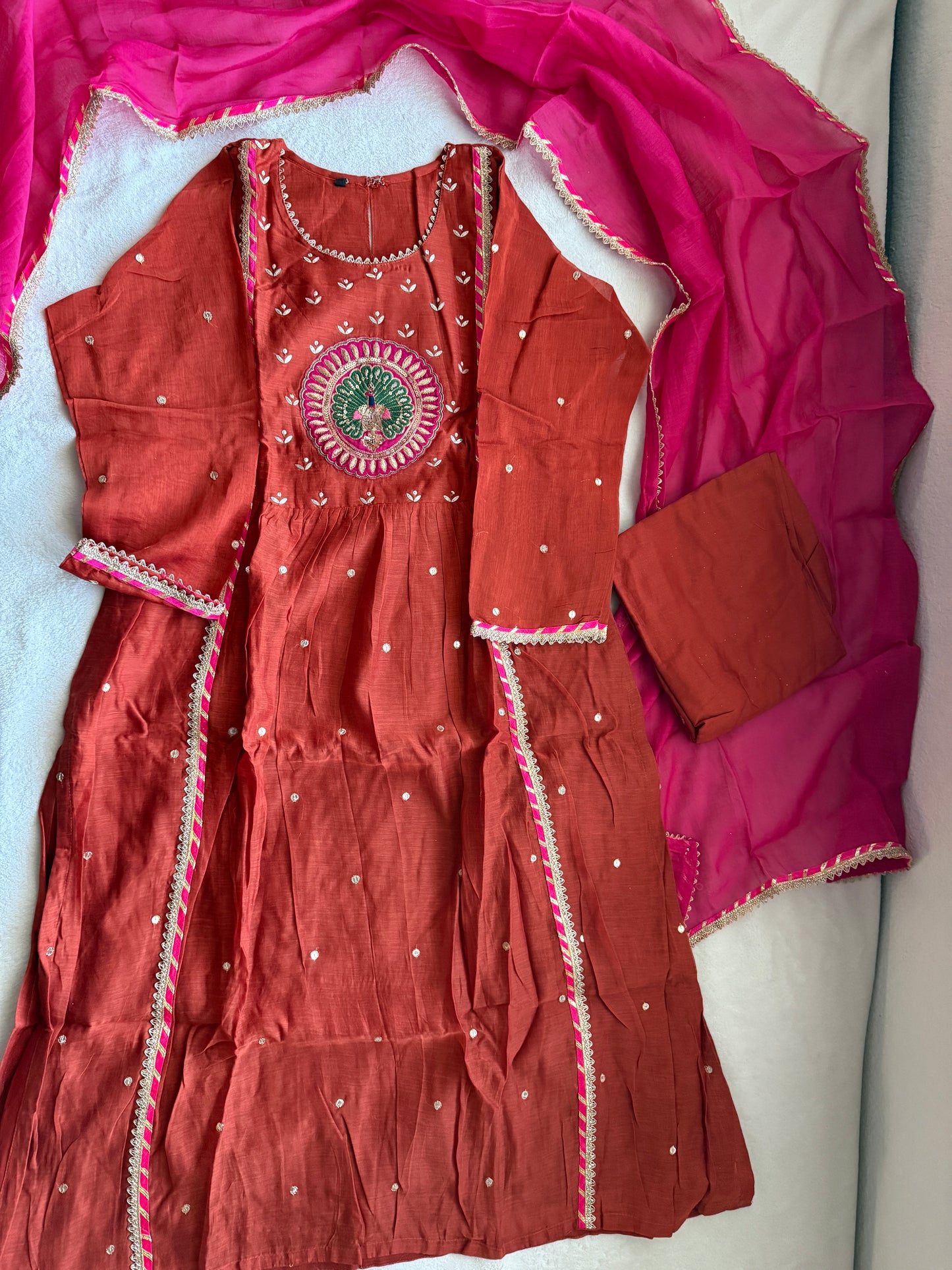 Rust orange pure mul chanderi suit set
