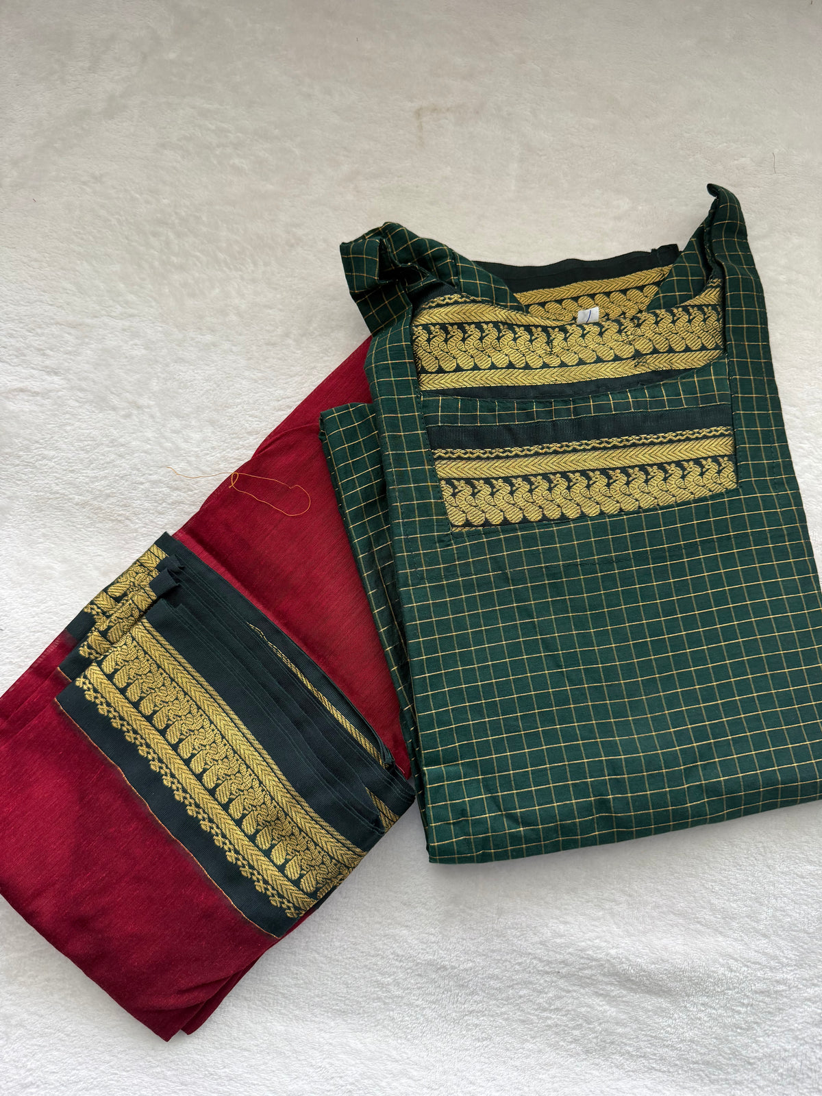Green with Maroon Handloom Checks Top and Dupatta Set