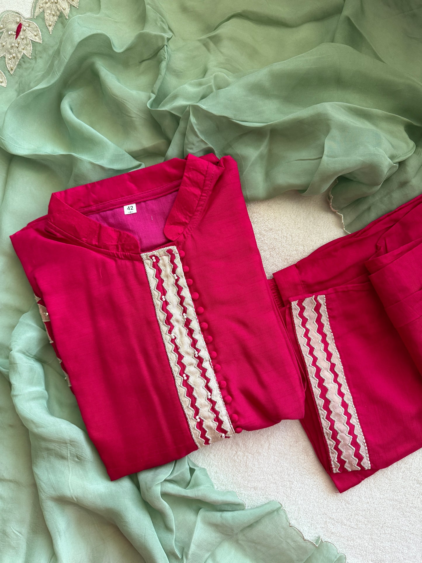 Pink applique straight cut kurti set with mint green applique cut work dupatta