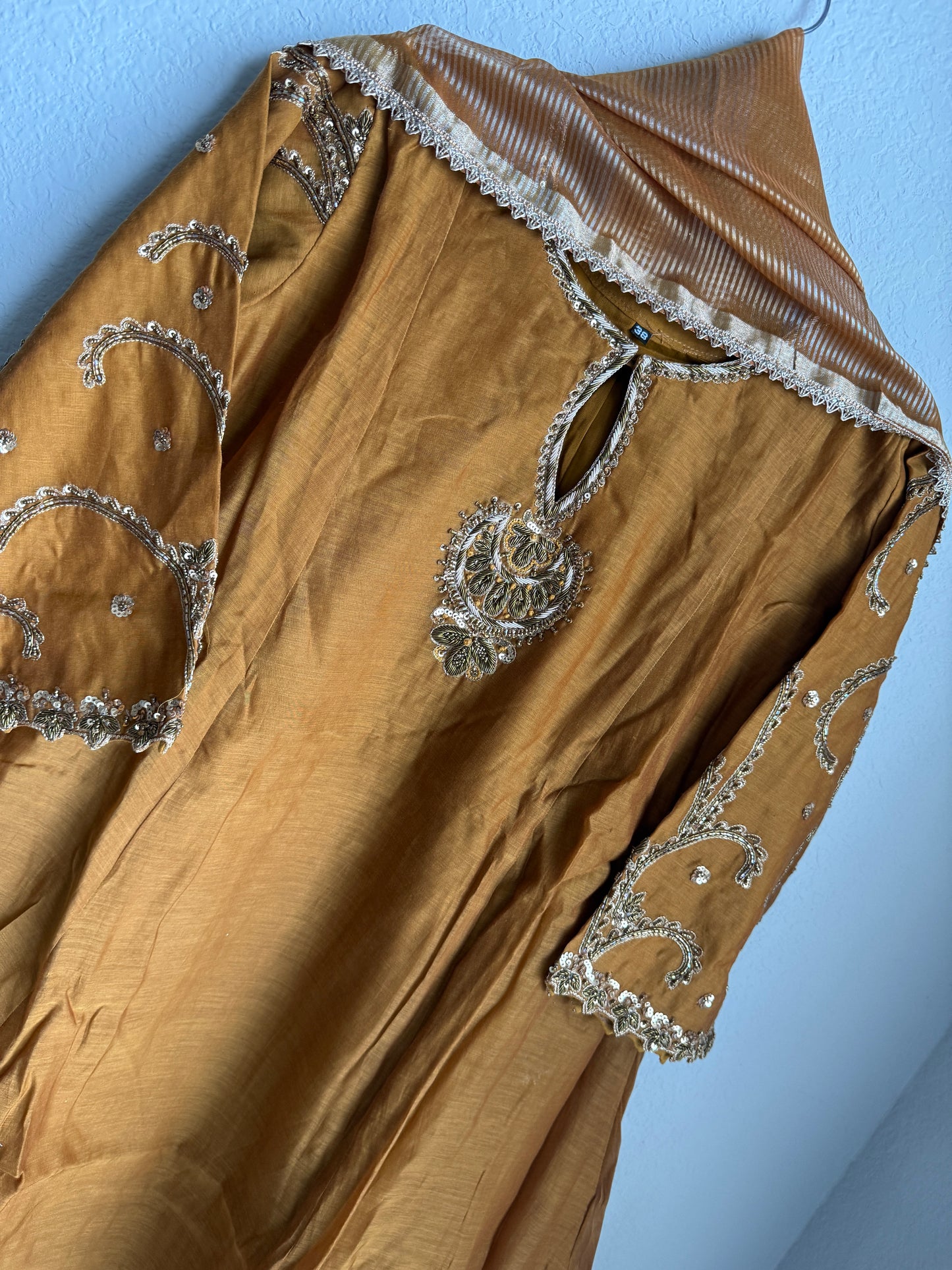 Coffee Brown Shade pure mul chanderi handwork suit set with tissue dupatta