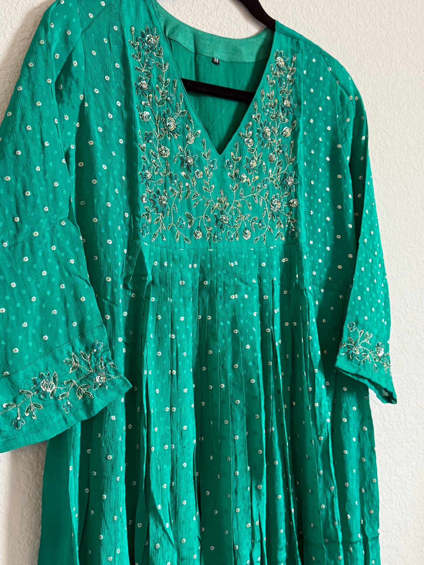 Green Chinnon Maggam Work Flowy Tunic