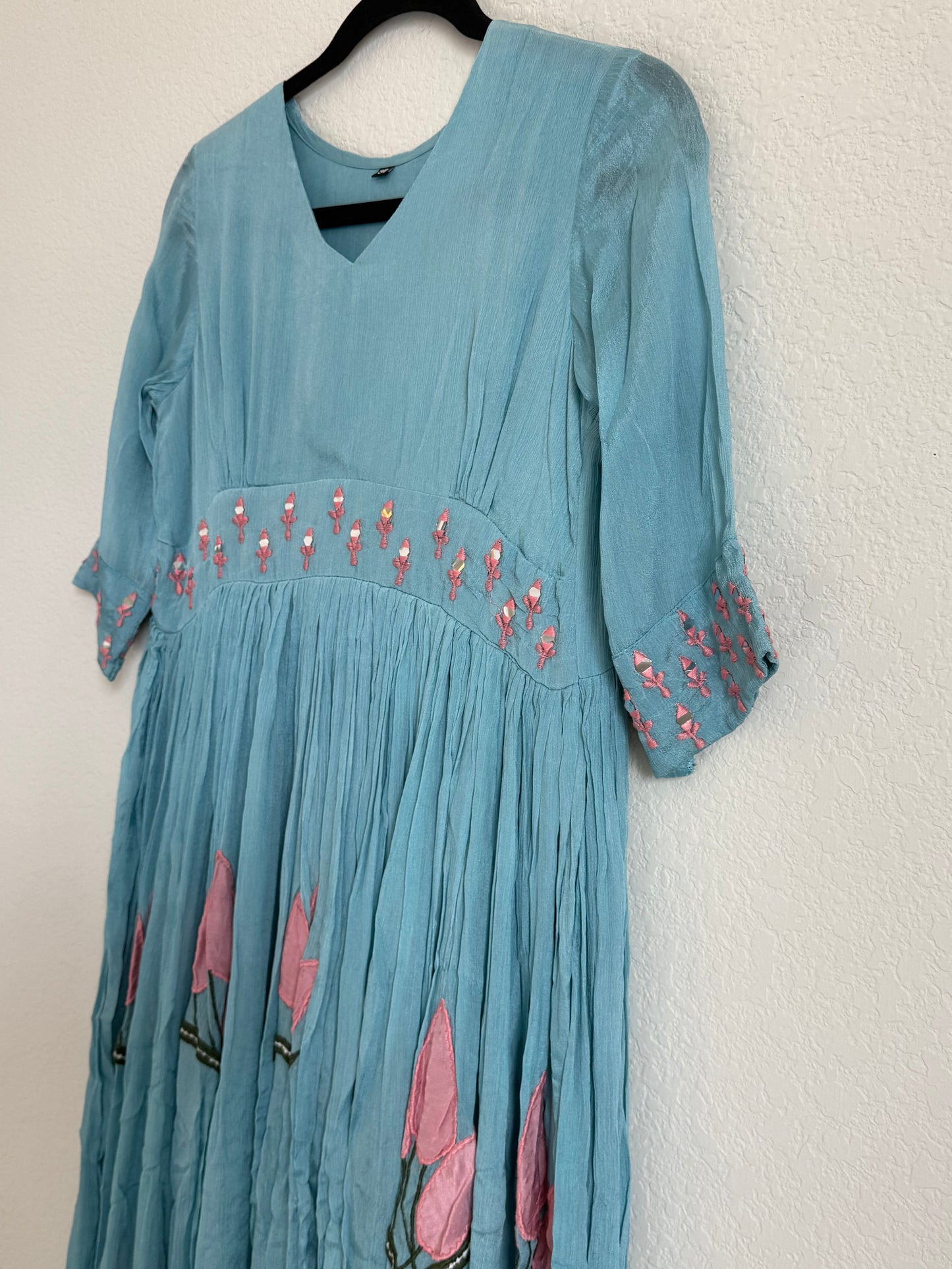 Powder Blue Mirror Work Chinnon Applique Tulips Tunic
