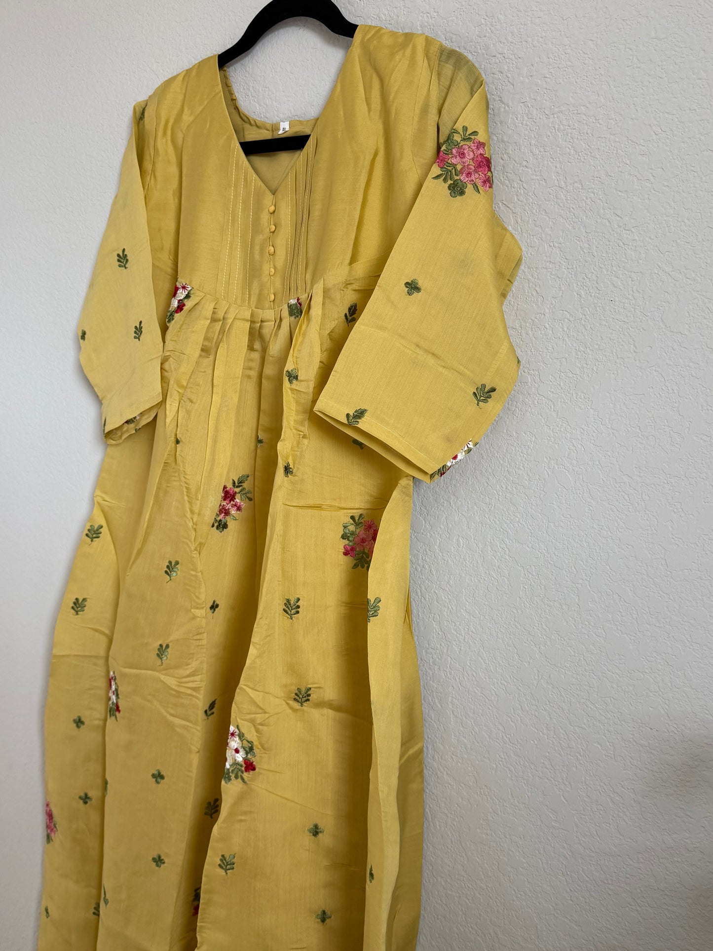 Mehendi Yellow Mul Chanderi A-line Kurti