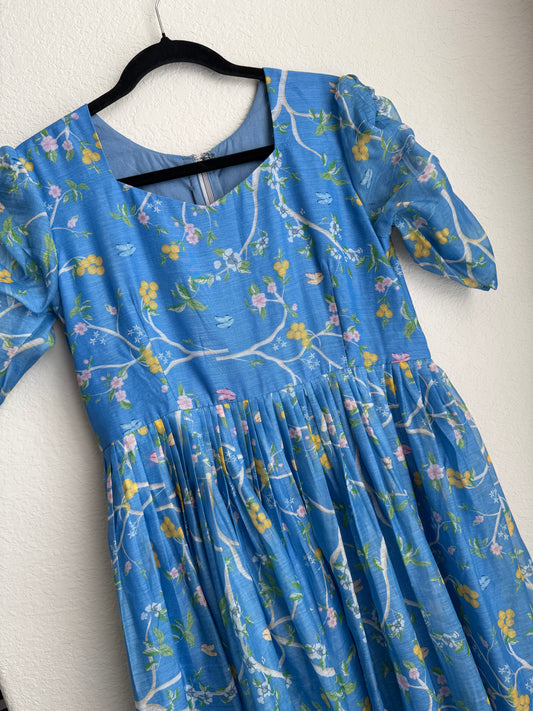 Blue floral mul chanderi midi dress