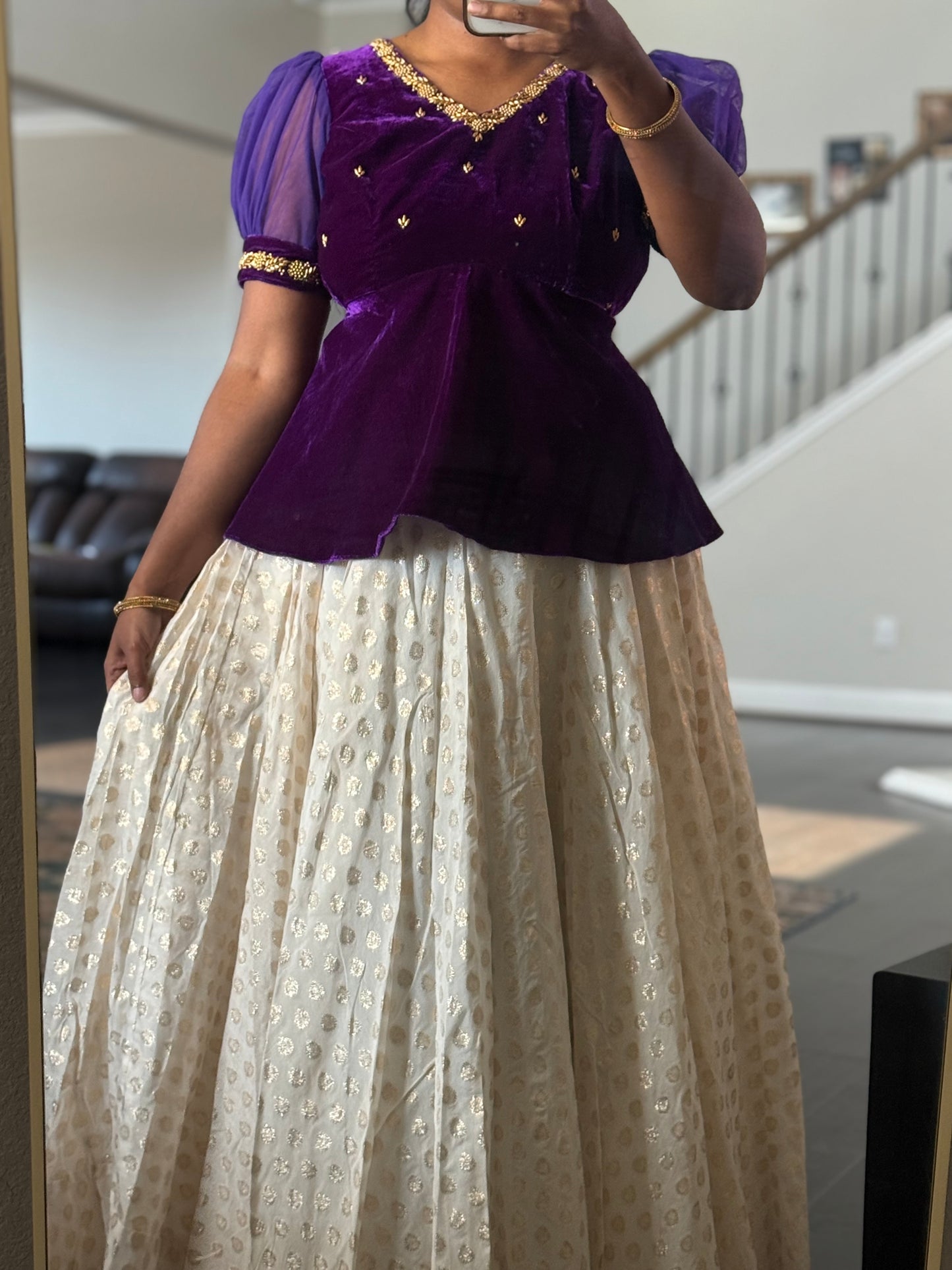 Purple Velvet peplum top with banarasi skirt