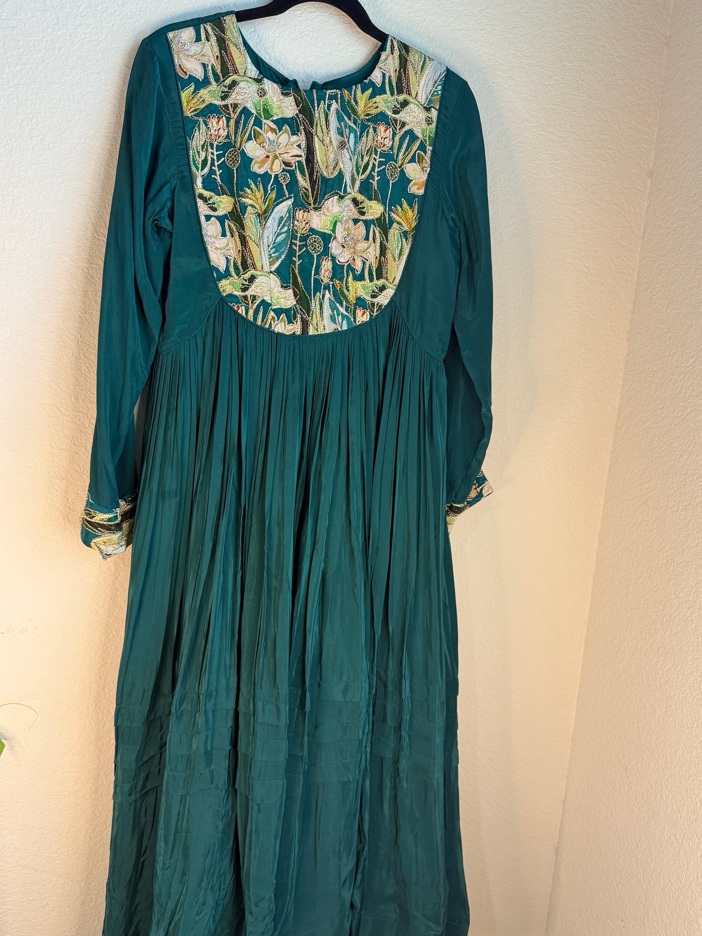 Bottle green crape silk anarkali tunic with yolk detailing