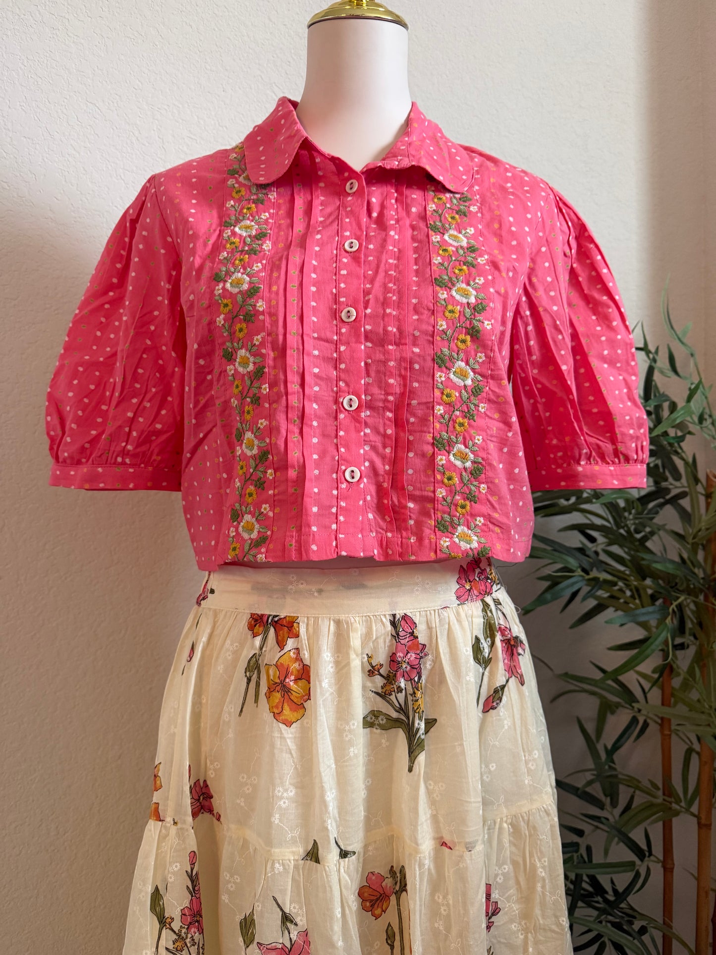 Pink crop top with white floral skirt