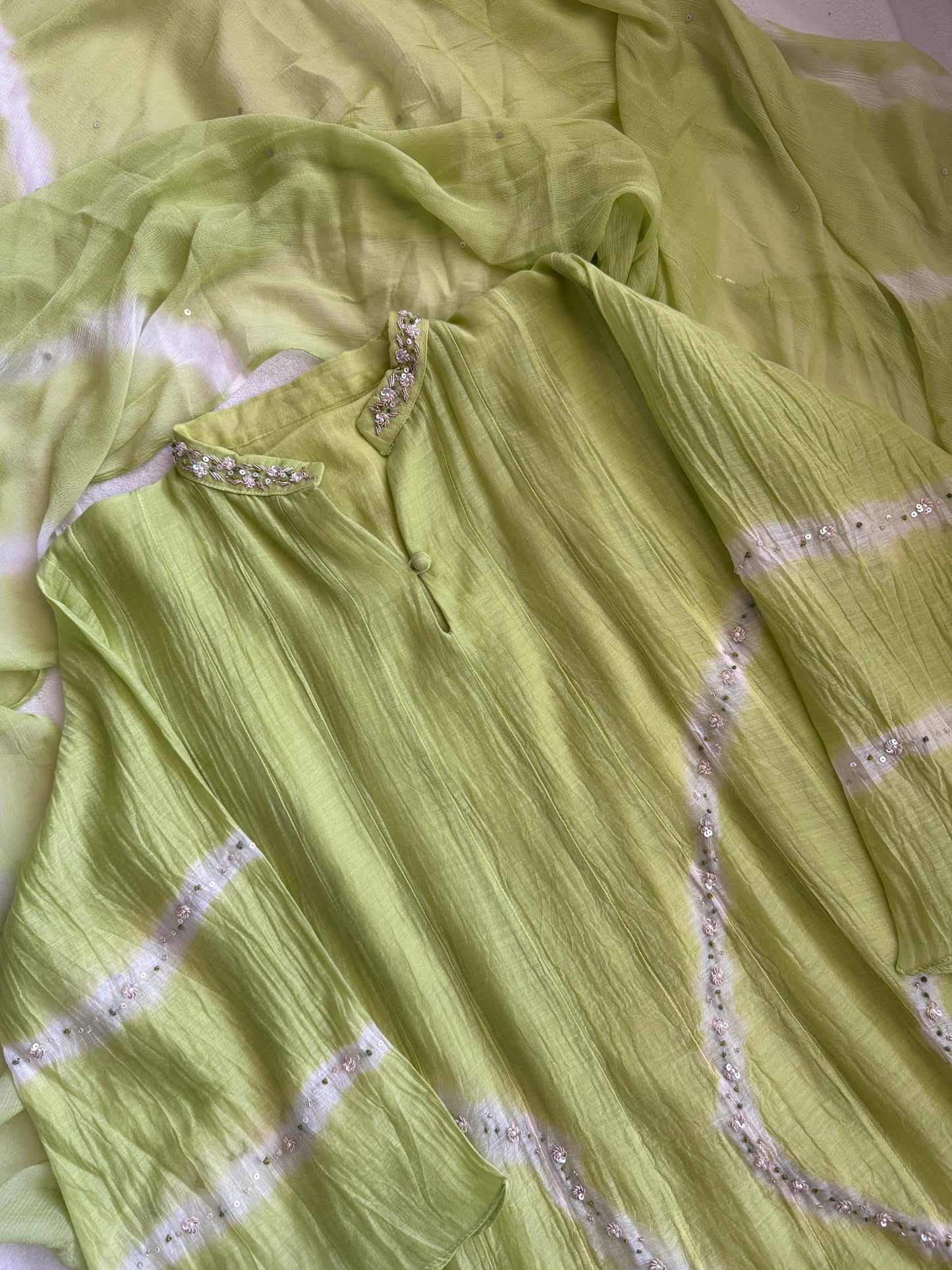 Parrot green mul chanderi A-line kurti set with chiffon dupatta