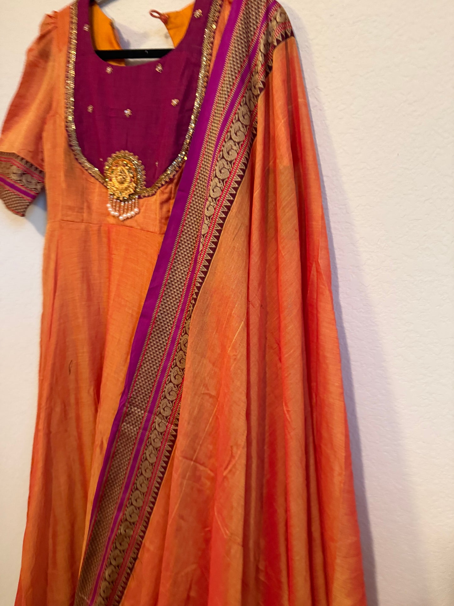 Orange Narayanpet Maggam Work Anarkali with Dupatta