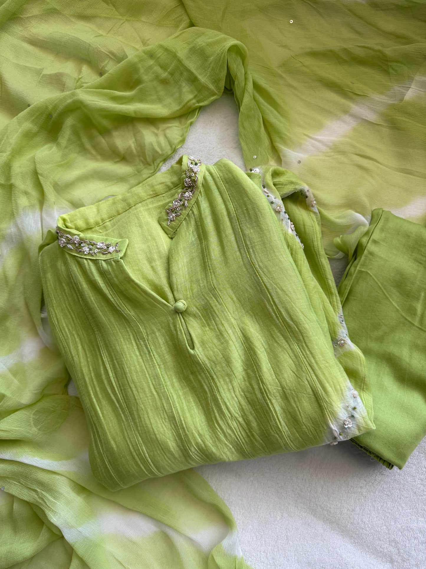 Parrot green mul chanderi A-line kurti set with chiffon dupatta