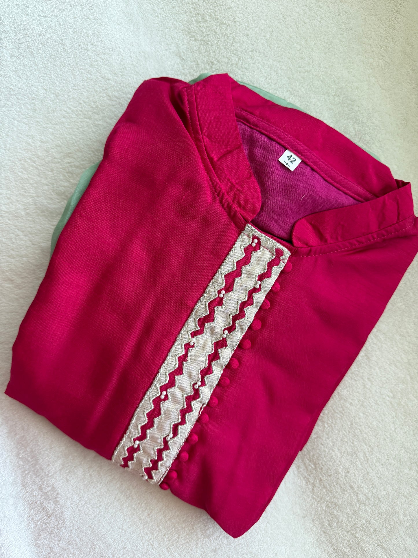 Pink applique straight cut kurti set with mint green applique cut work dupatta