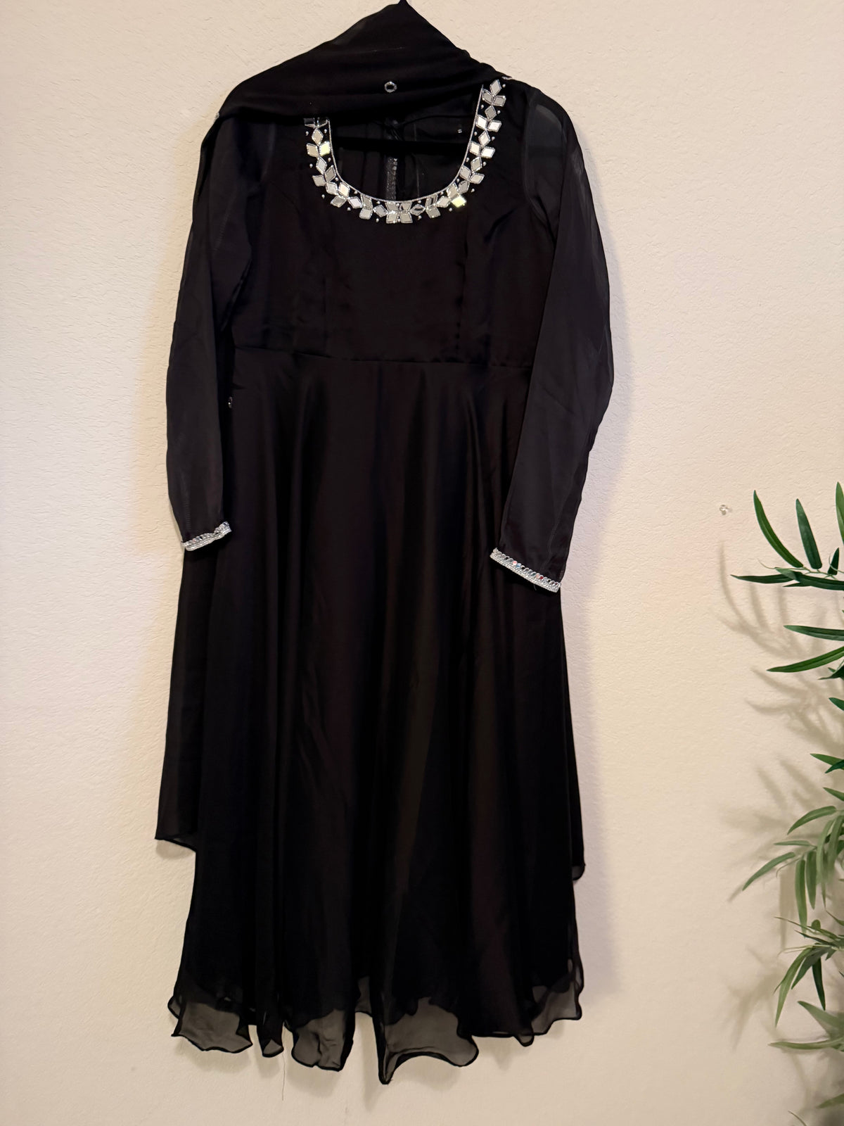 Black Mirror Work Georgette Heavy Flared Anarkali Set - Top and Dupatta