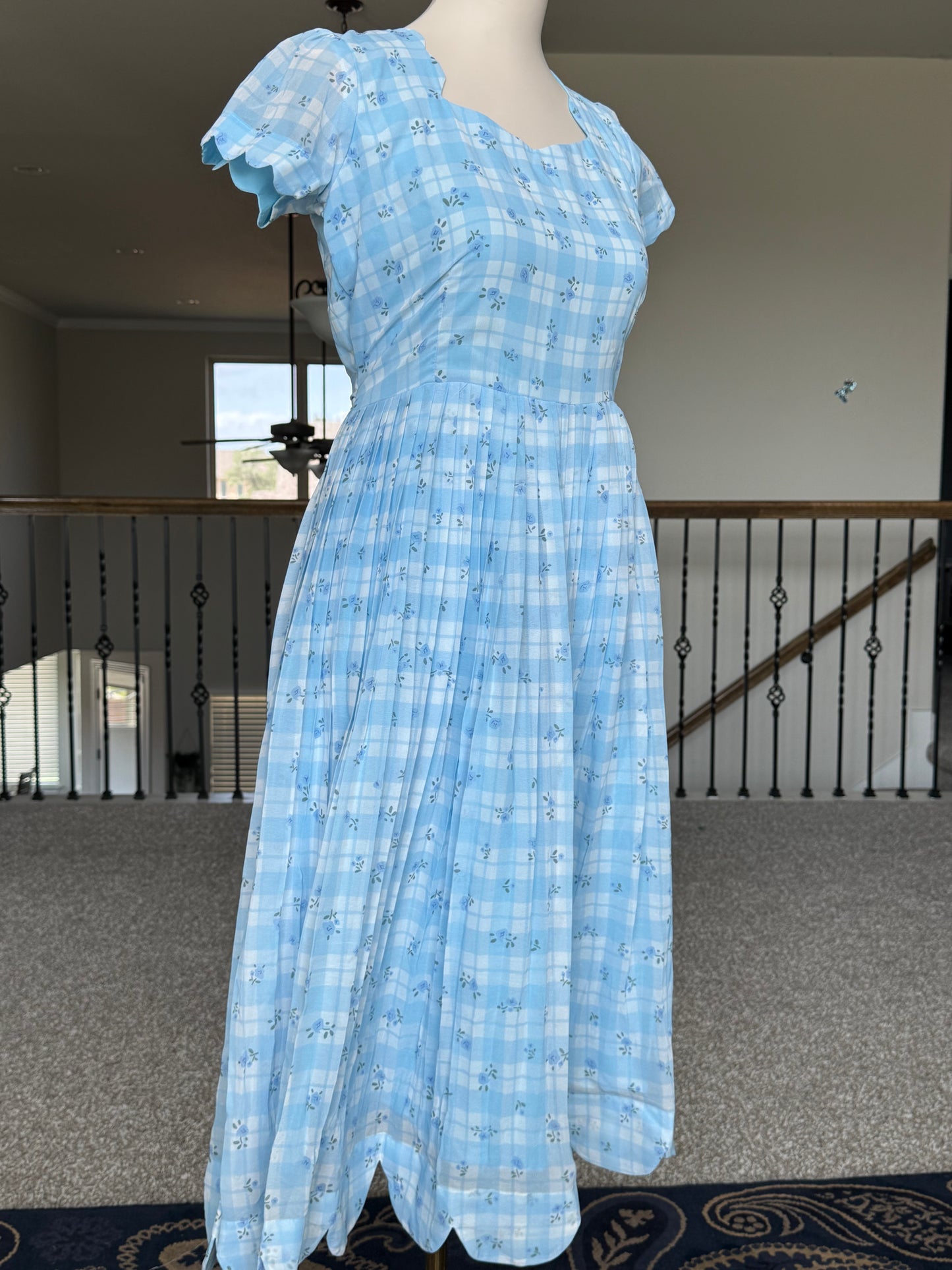 Blue Floral Checks Georgette scallop style frock with short scallop sleeve