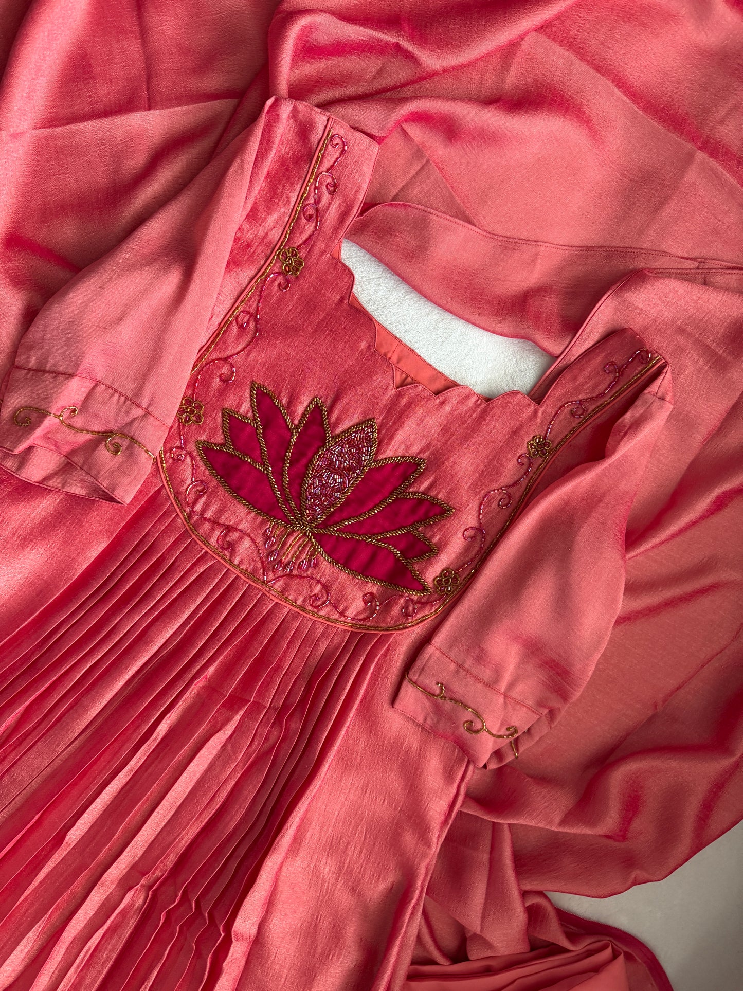 Peach shade lotus handwork customized anarkali set