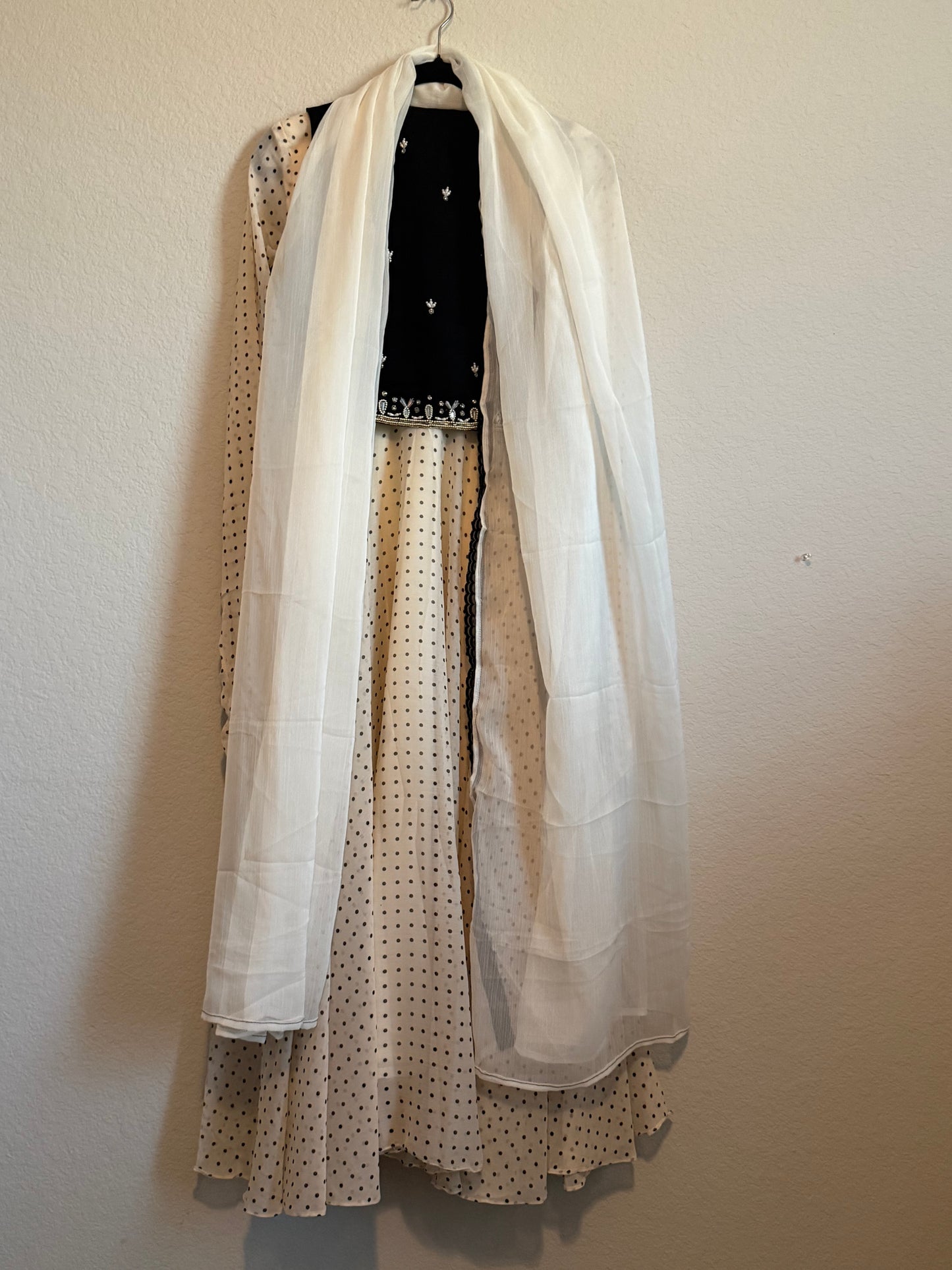 Half White Polka Dot Heavy Flared Georgette Full Sleeve Anarkali with Maggam Work Coat - Top + Dupatta