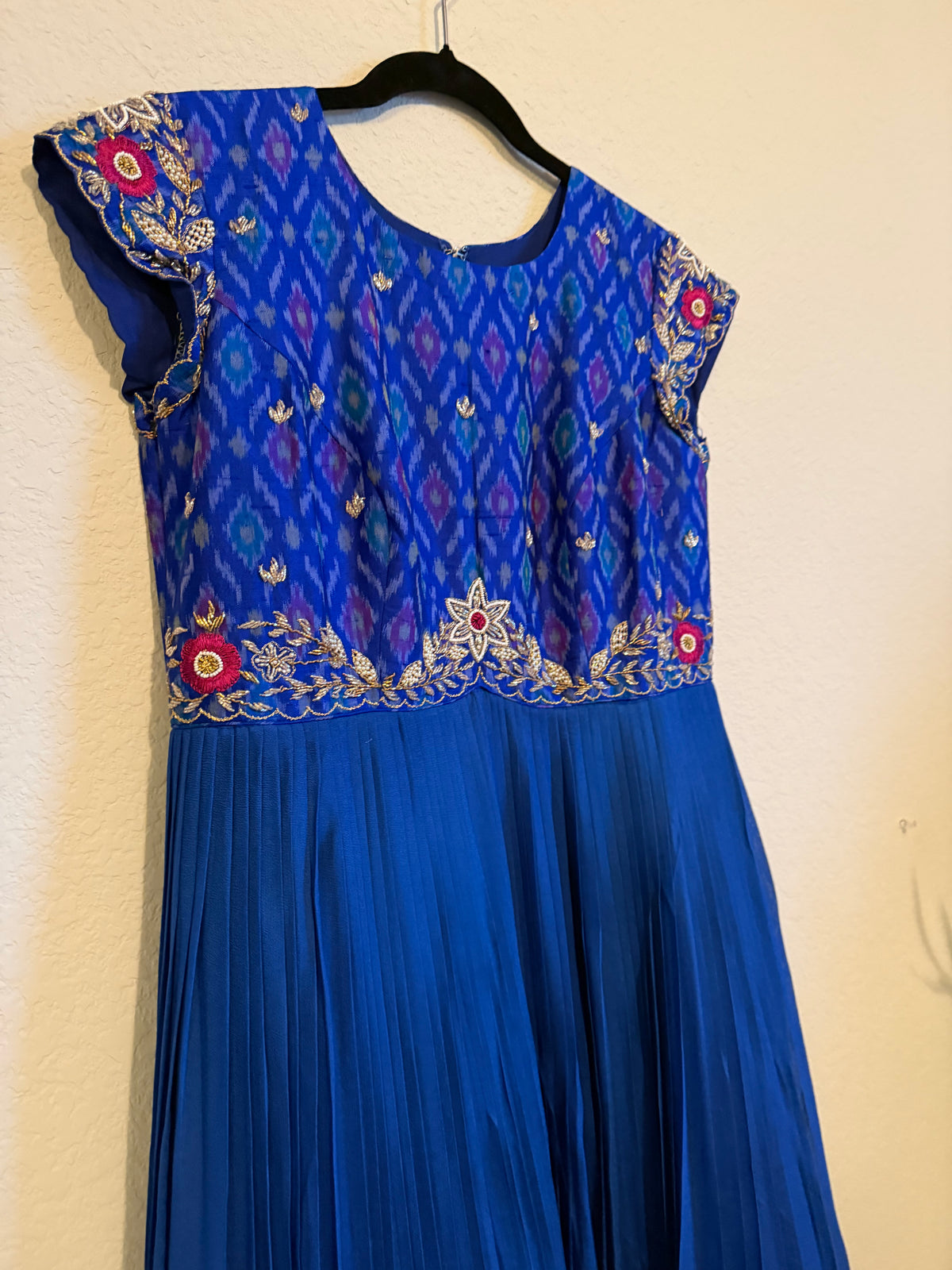 Blue Raw Silk Ikkath Maggam Work Designer Long Dress with Short Sleeve