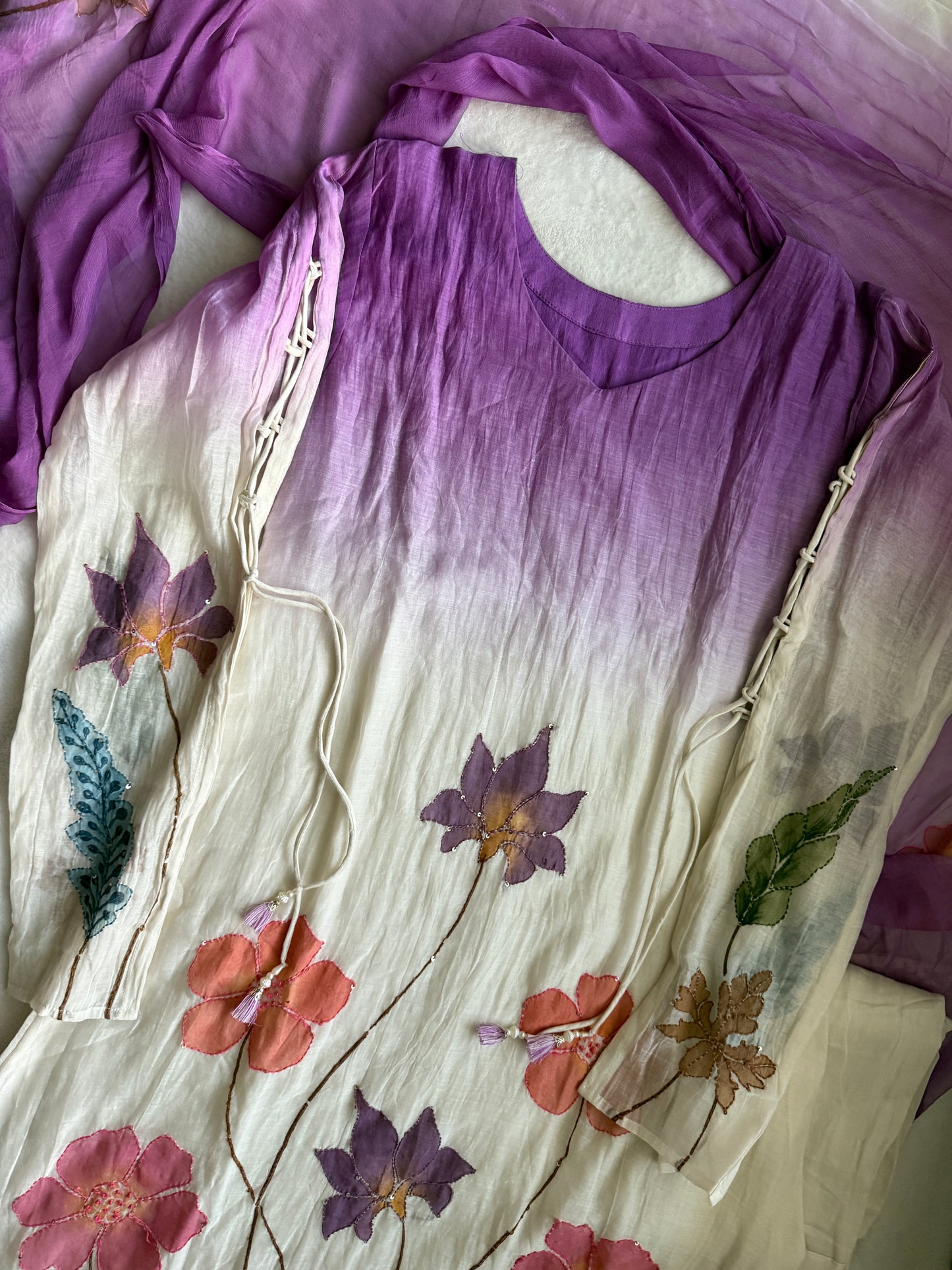 Lavender Mul Chanderi A-Line Kurti Set with Applique Work – Festive Indian Designer Outfit