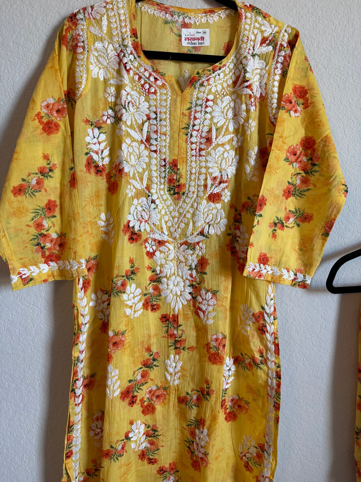 Yellow Floral Printed Cotton Chikankari Coord Set - Top with Palazzo