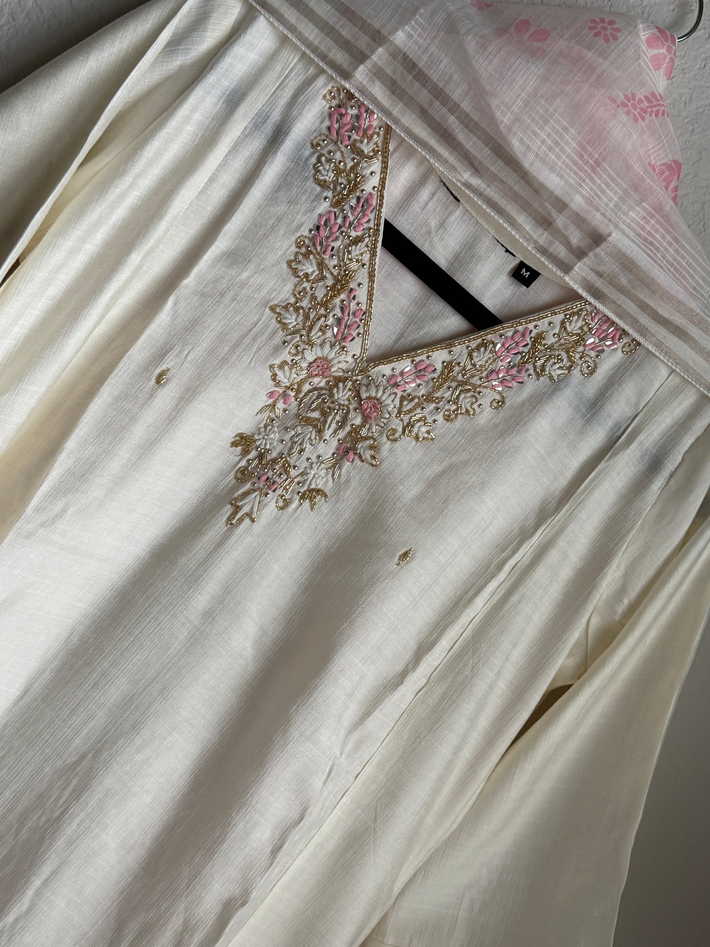 Ivory shade vatican silk handwork anarkali kurti set with floral dupatta