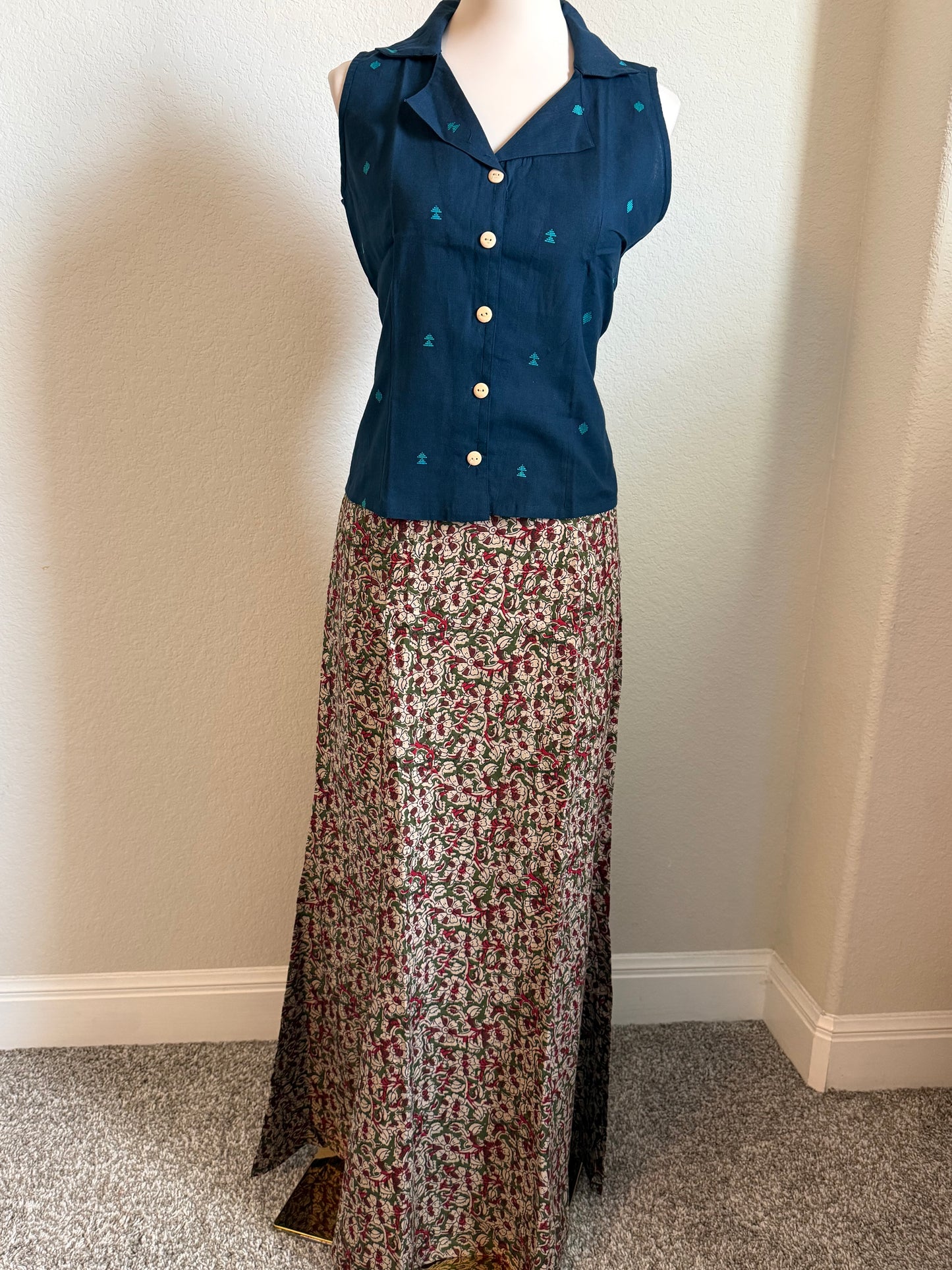 Blue Cotton Top with Kalamkari Long Skirt