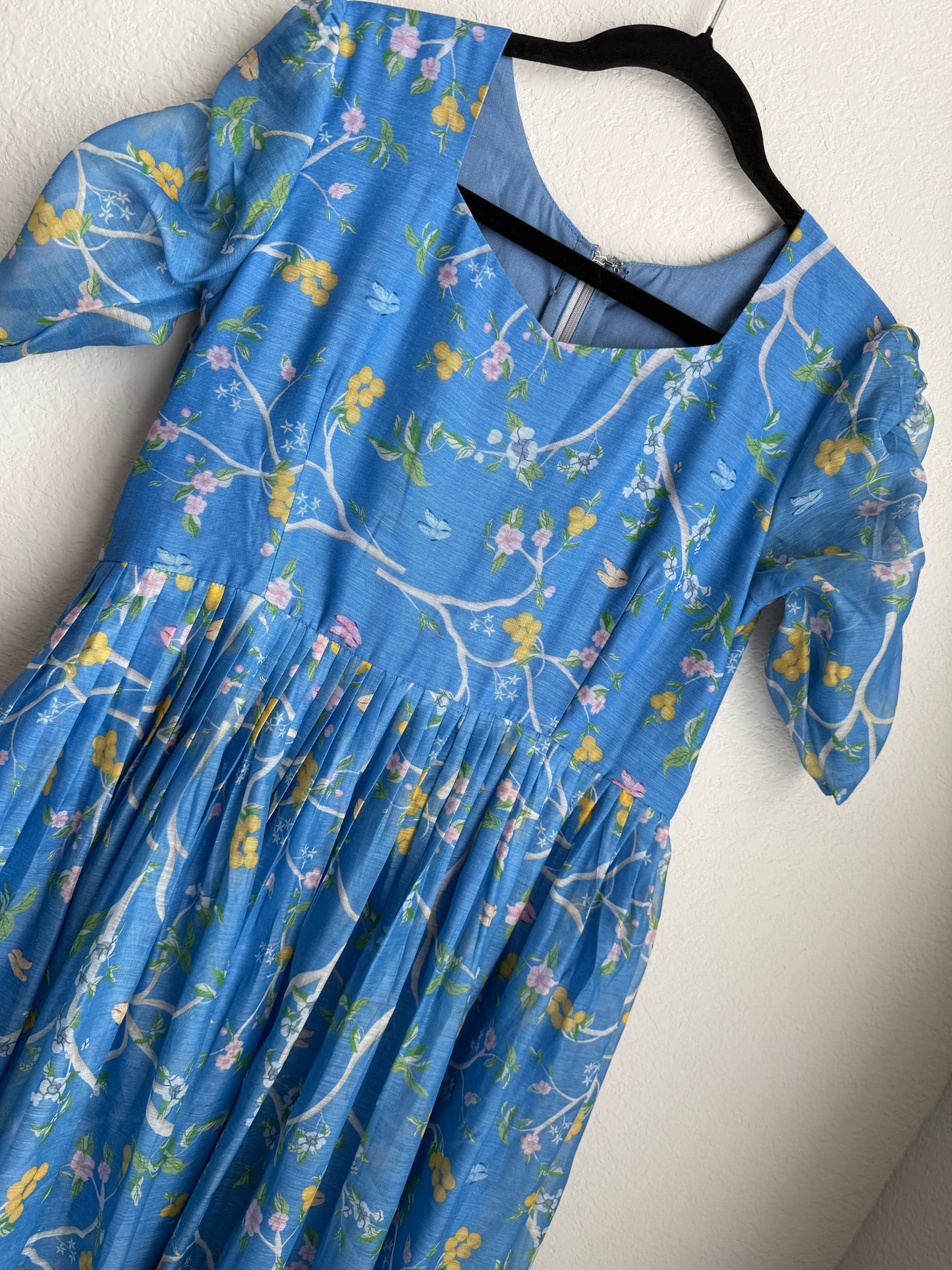 Blue floral mul chanderi midi dress