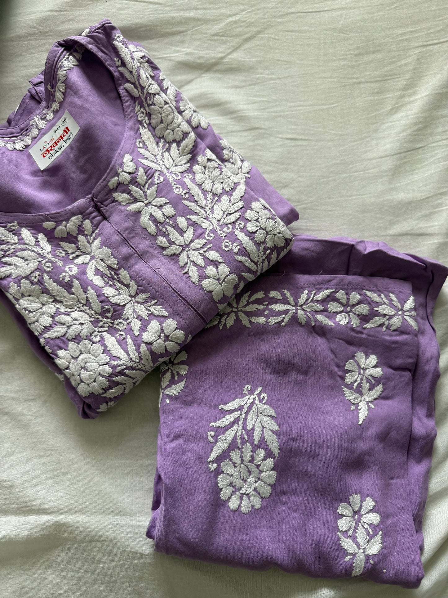 Lavendar Rayon Chikankari Coord Set - Top with Palazzo