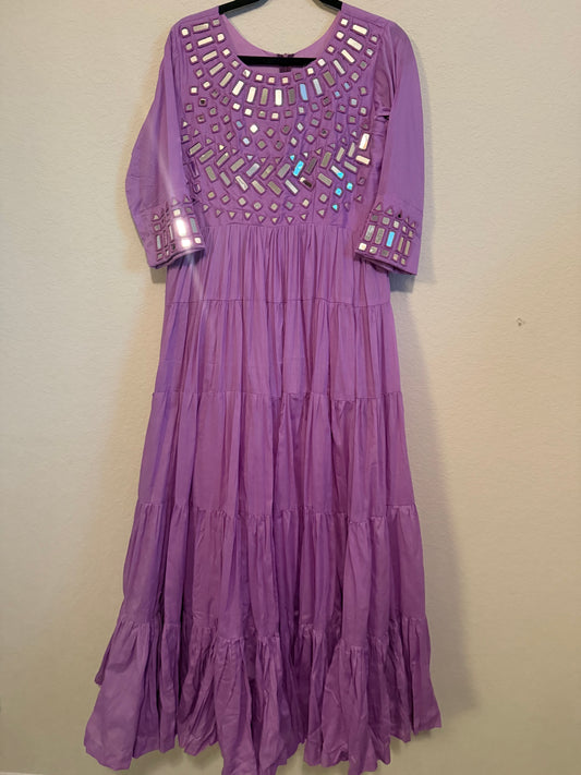 Lavendar Mirror Work Heavy Flared Anarkali Long Dress