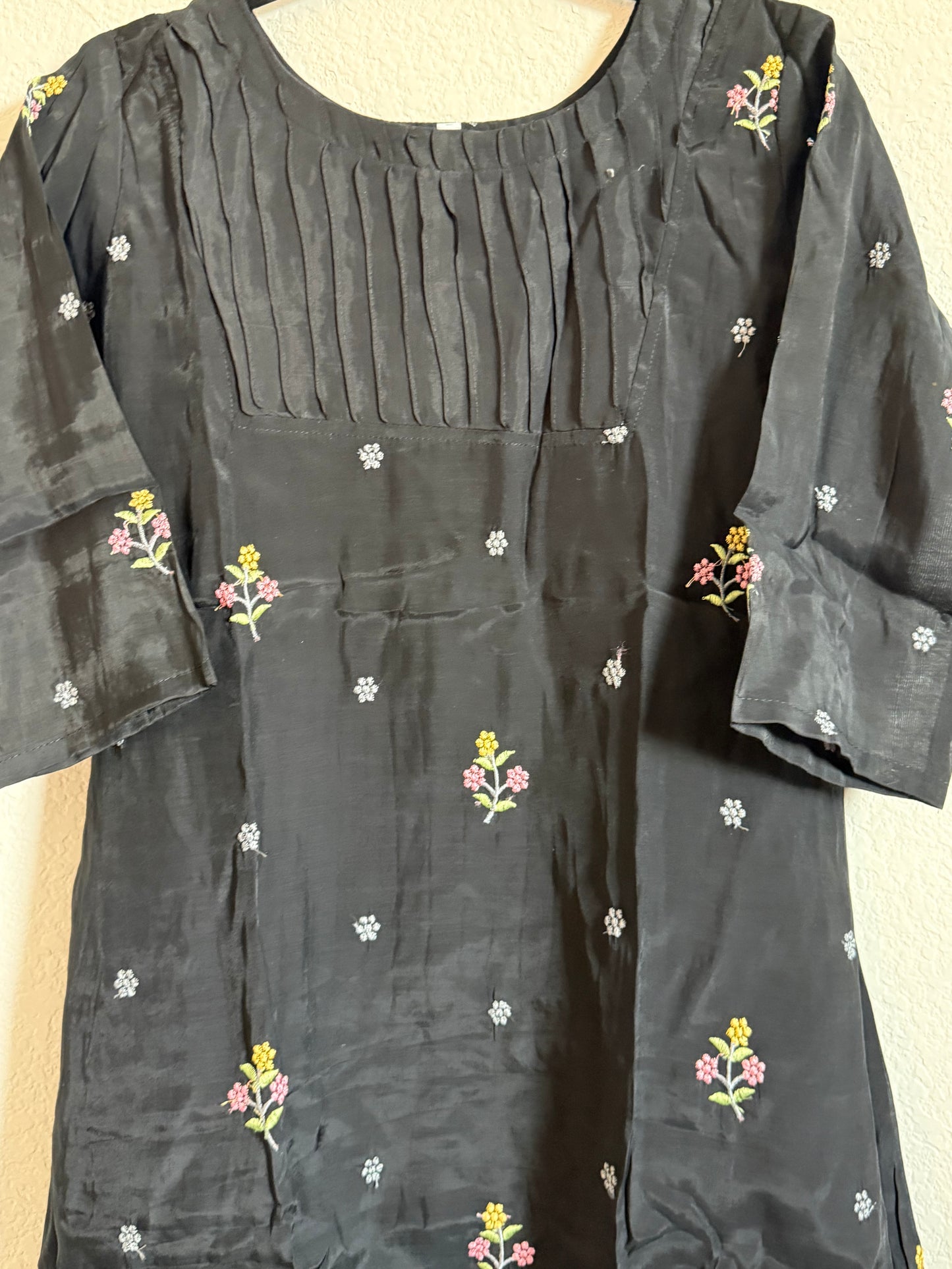 Black Floral Embroidered Mul Chanderi A-line Kurti