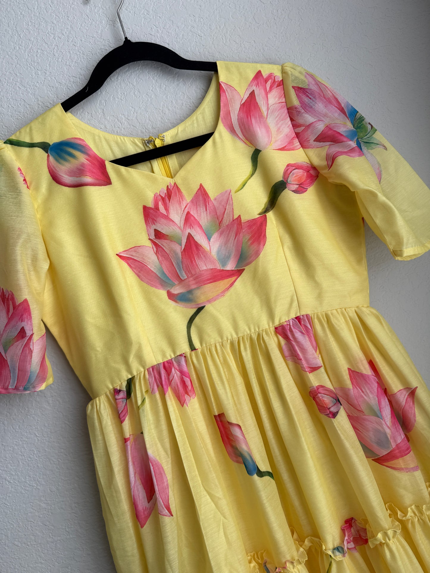 Yellow floral chanderi three tier midi dress