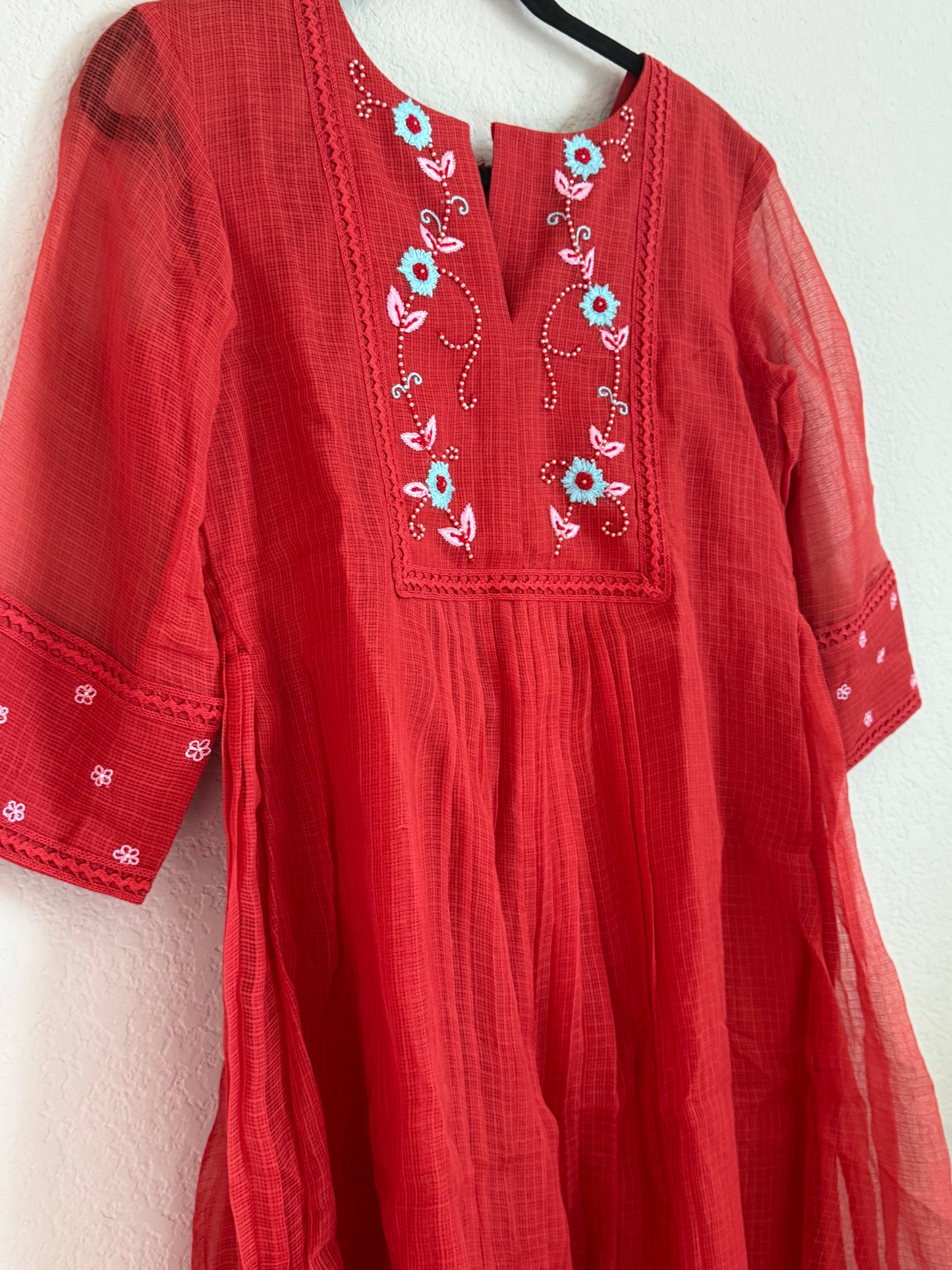 Rust Orange Kota Maggam Work Dress