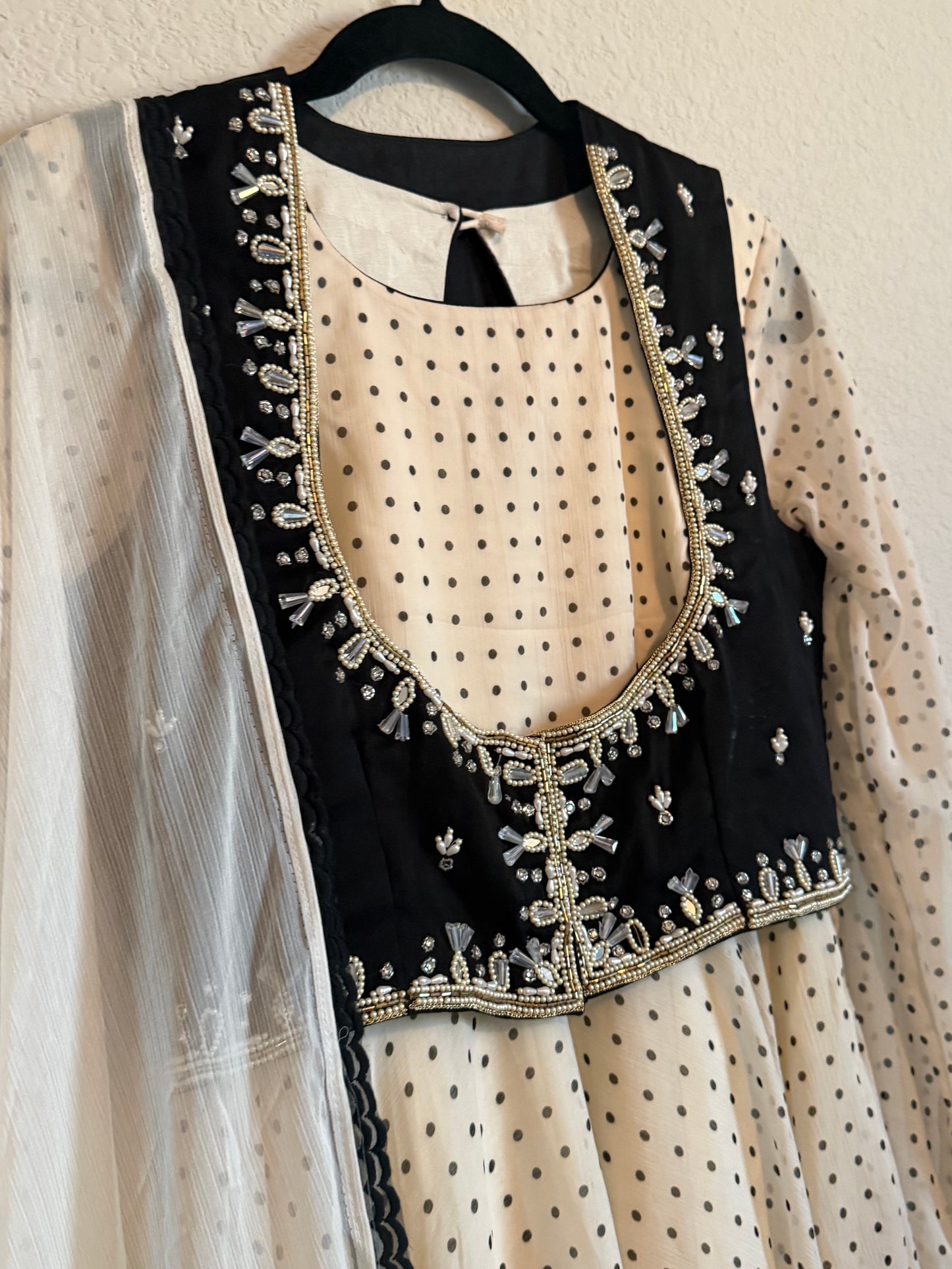 Half White Polka Dot Heavy Flared Georgette Full Sleeve Anarkali with Maggam Work Coat - Top + Dupatta
