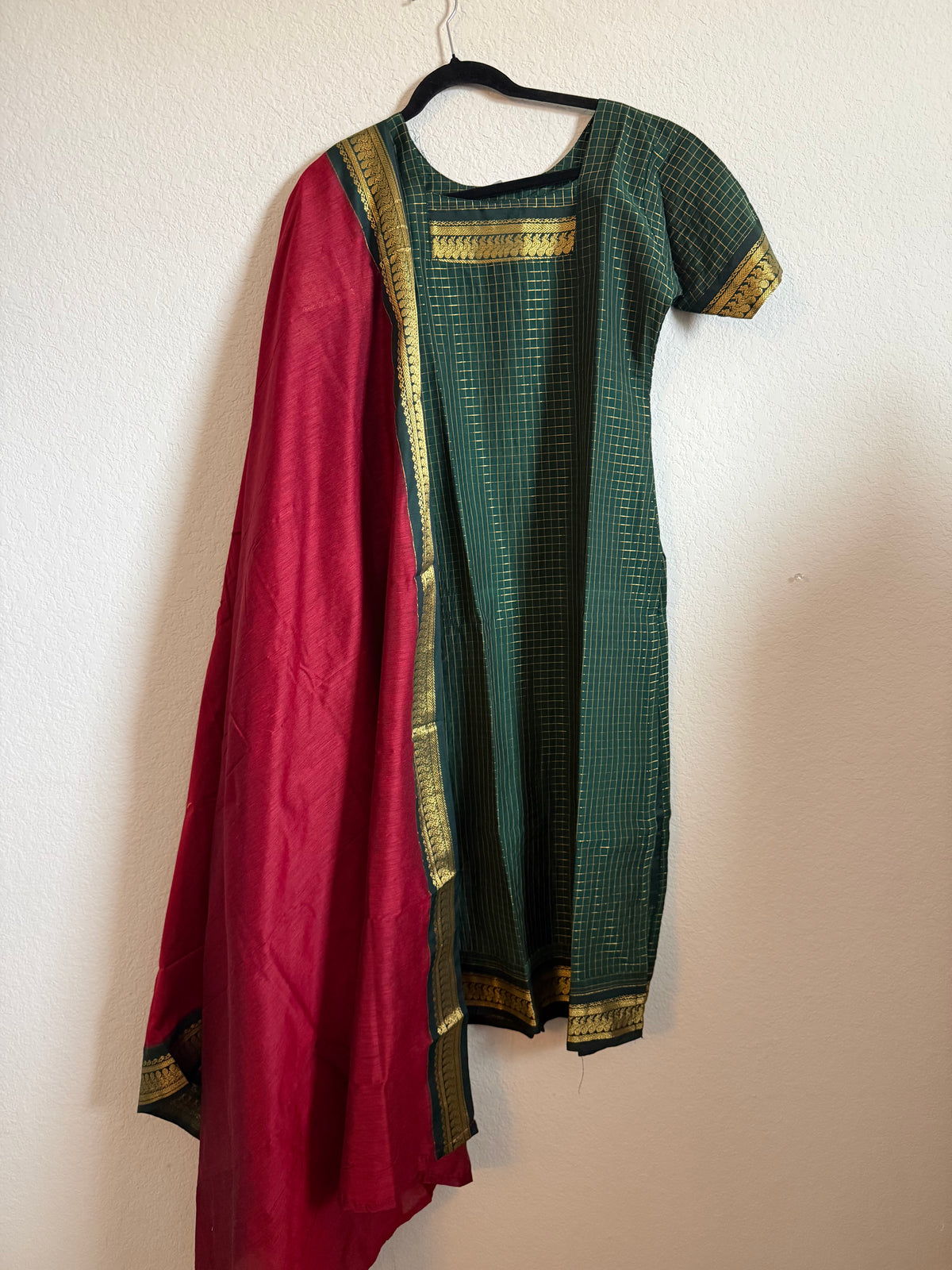 Green with Maroon Handloom Checks Top and Dupatta Set